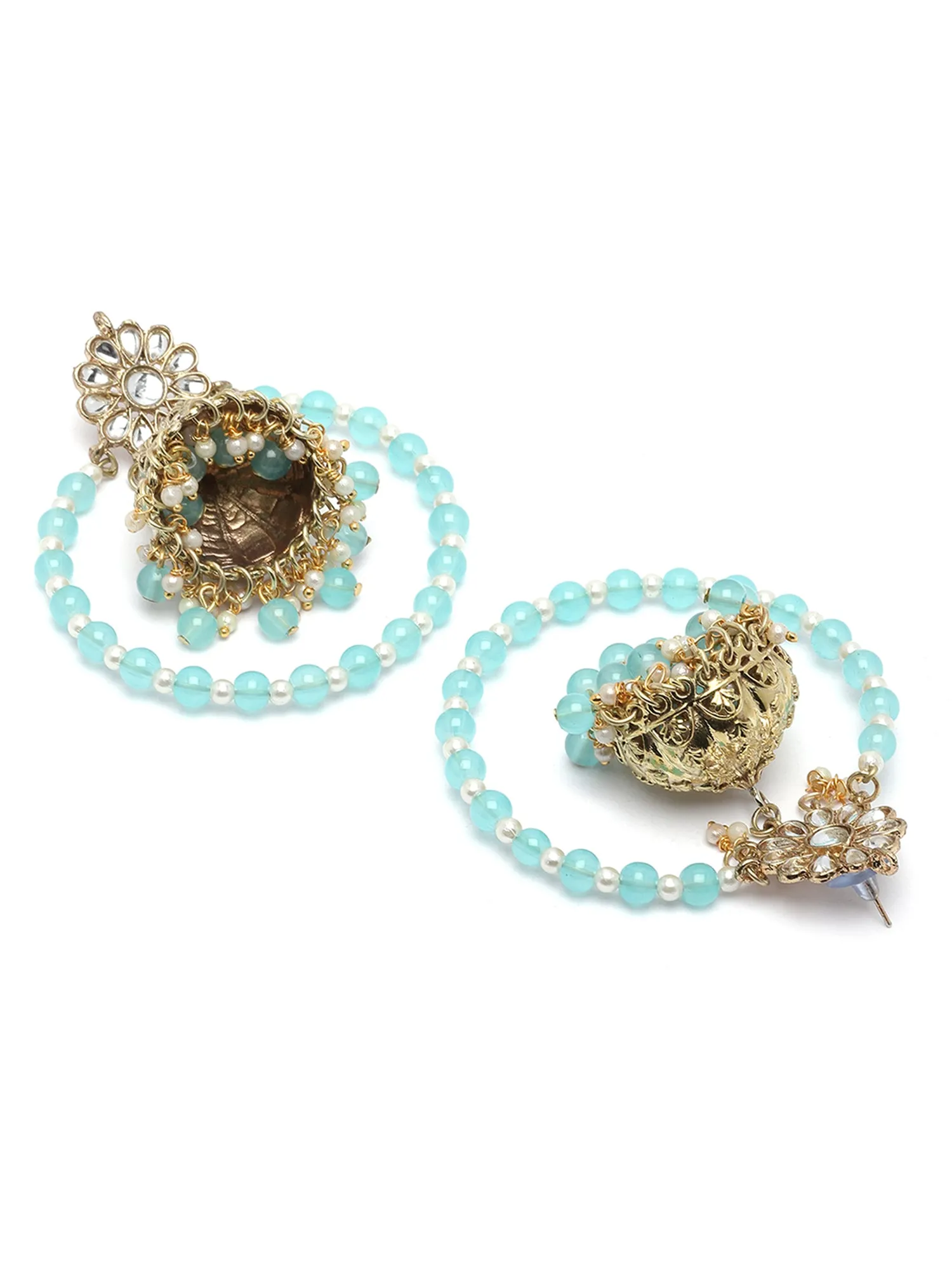 Karatcart Gold Plated Light Blue Bead Kundan Jhumki Hoop Earrings for Women