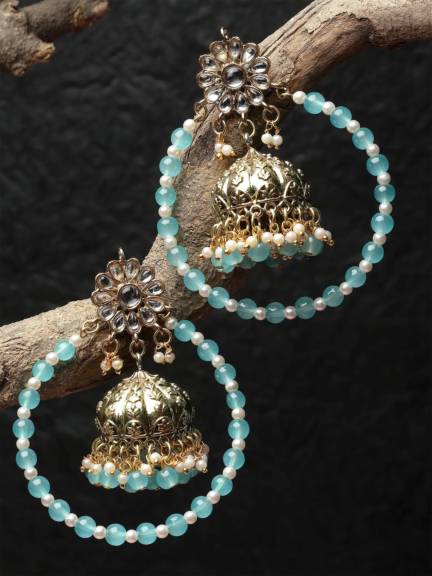 Karatcart Gold Plated Light Blue Bead Kundan Jhumki Hoop Earrings for Women