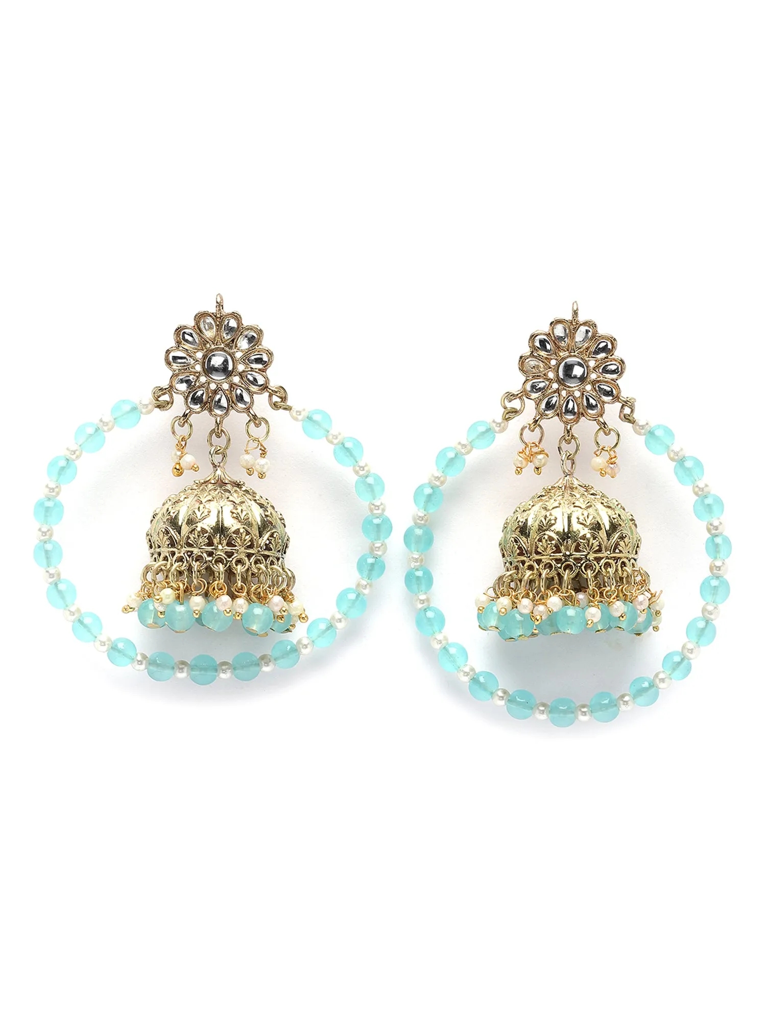 Karatcart Gold Plated Light Blue Bead Kundan Jhumki Hoop Earrings for Women