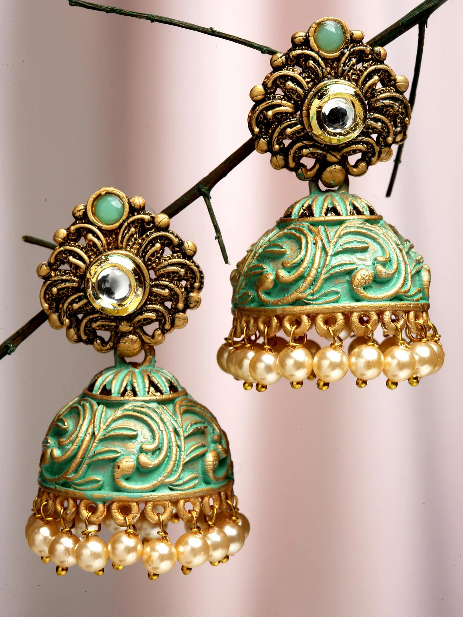 Karatcart Gold Plated Light Blue Golden Pearl Jhumki Jhumki Earrings for Women