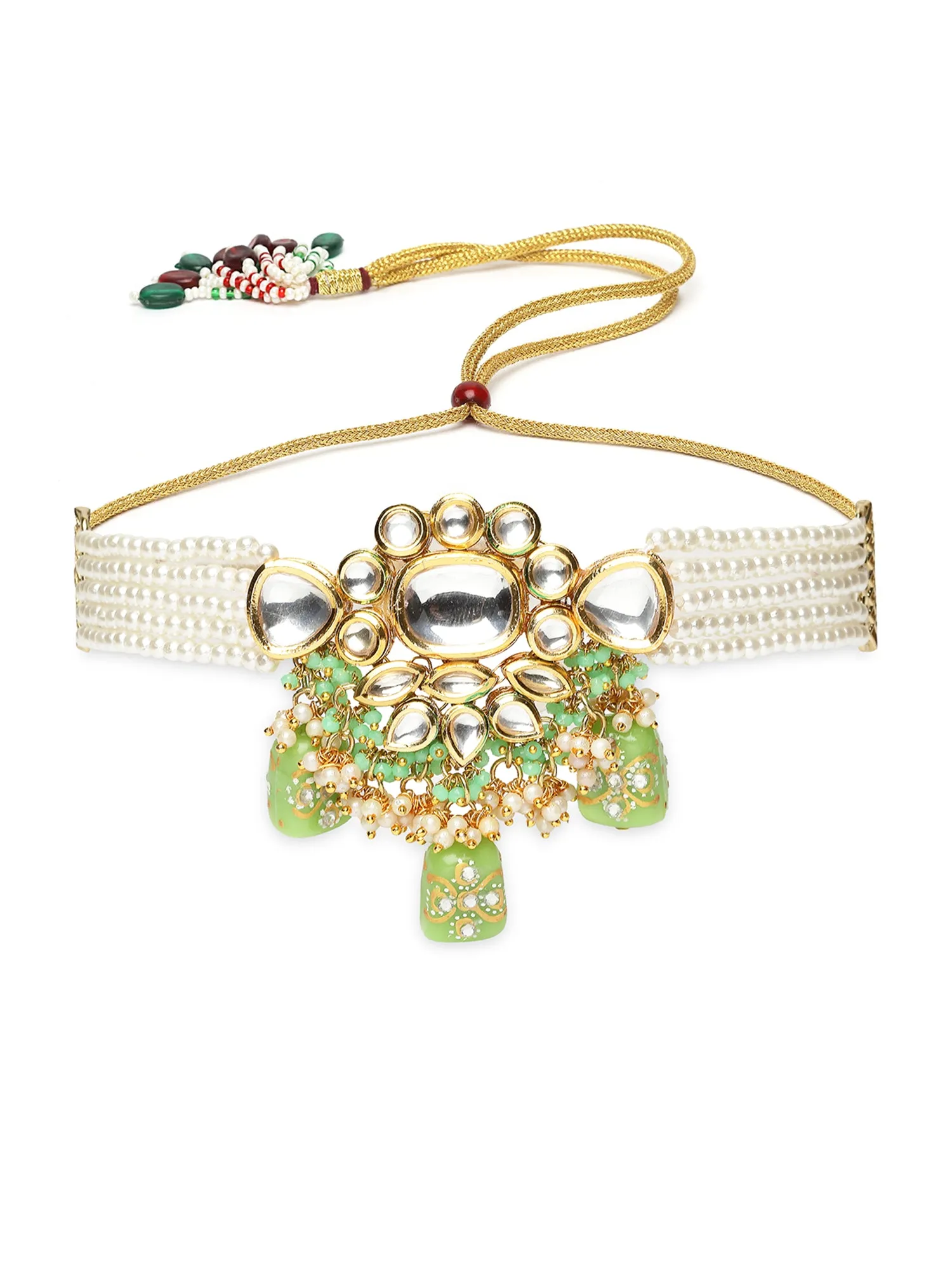 Karatcart Gold Plated Light Green Tumble Polki Kundan Choker Necklace Set for Women