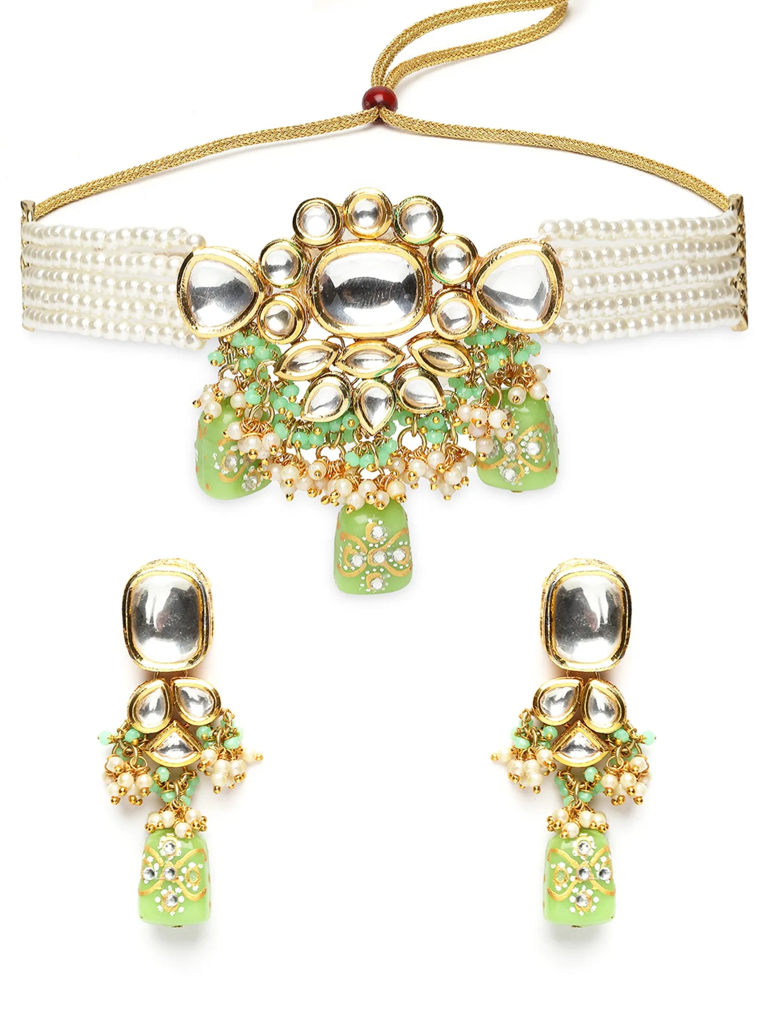 Karatcart Gold Plated Light Green Tumble Polki Kundan Choker Necklace Set for Women