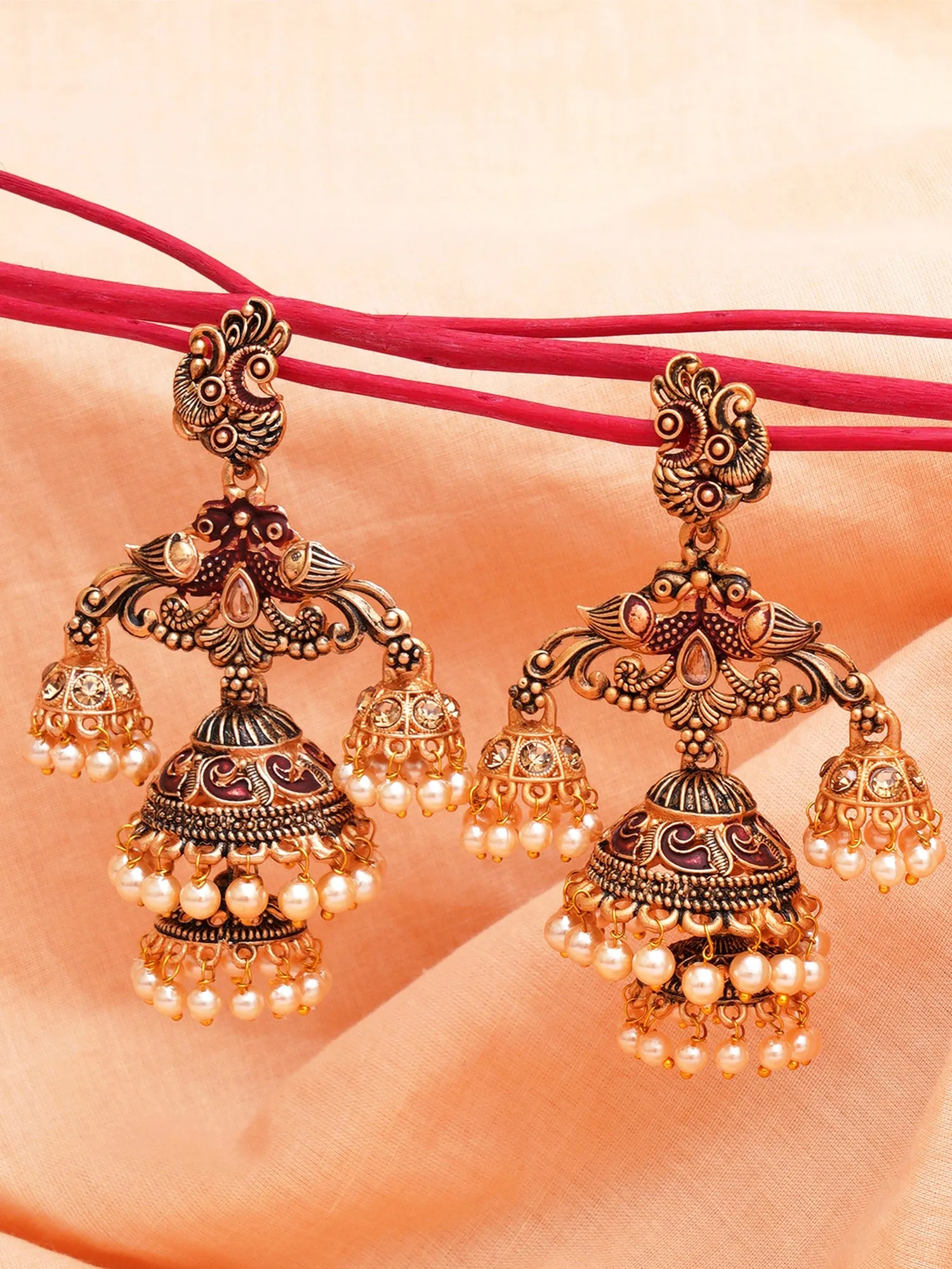 Karatcart Gold Plated Maroon Meena Double Jhumki Earrings for Women