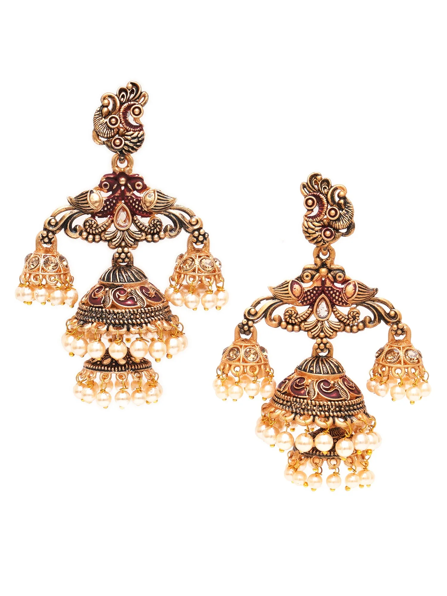 Karatcart Gold Plated Maroon Meena Double Jhumki Earrings for Women