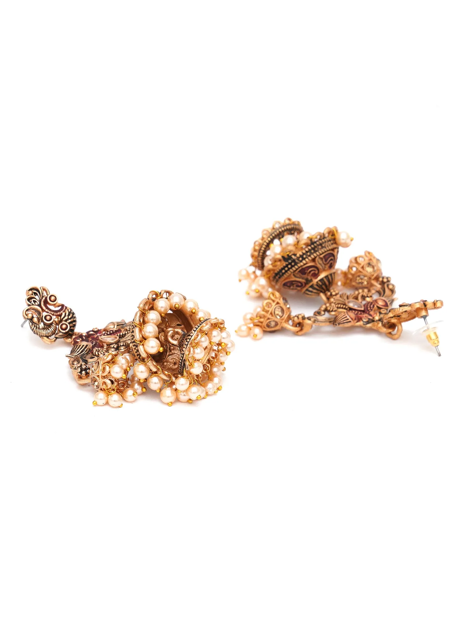 Karatcart Gold Plated Maroon Meena Double Jhumki Earrings for Women