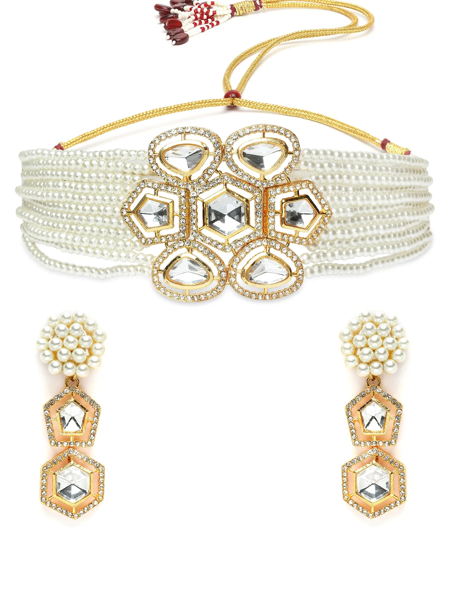 Karatcart Gold Plated Pearl Beaded Polki Kundan Choker Necklace Set for Women
