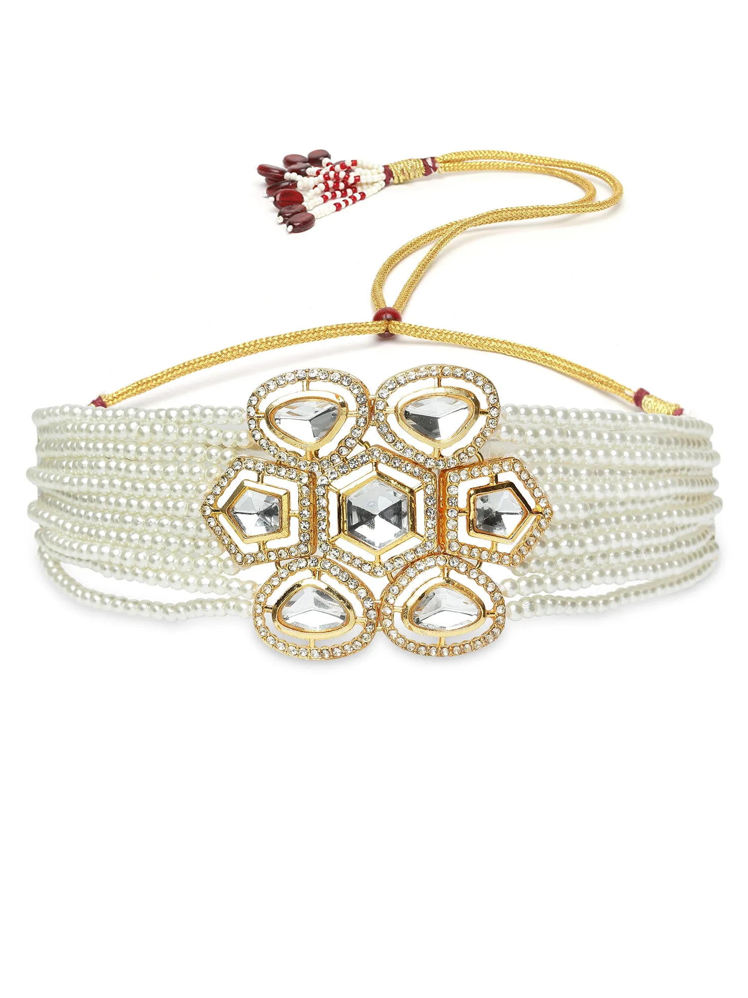 Karatcart Gold Plated Pearl Beaded Polki Kundan Choker Necklace Set for Women