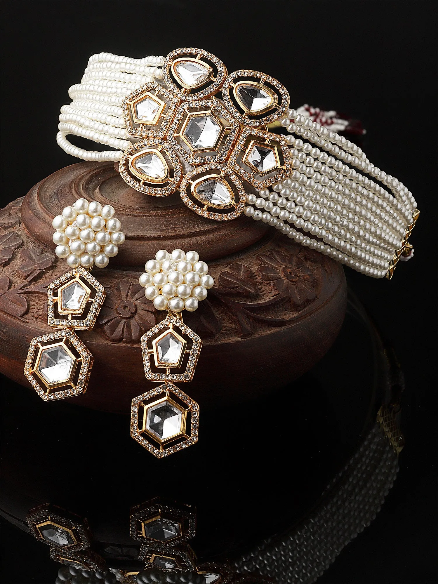 Karatcart Gold Plated Pearl Beaded Polki Kundan Choker Necklace Set for Women