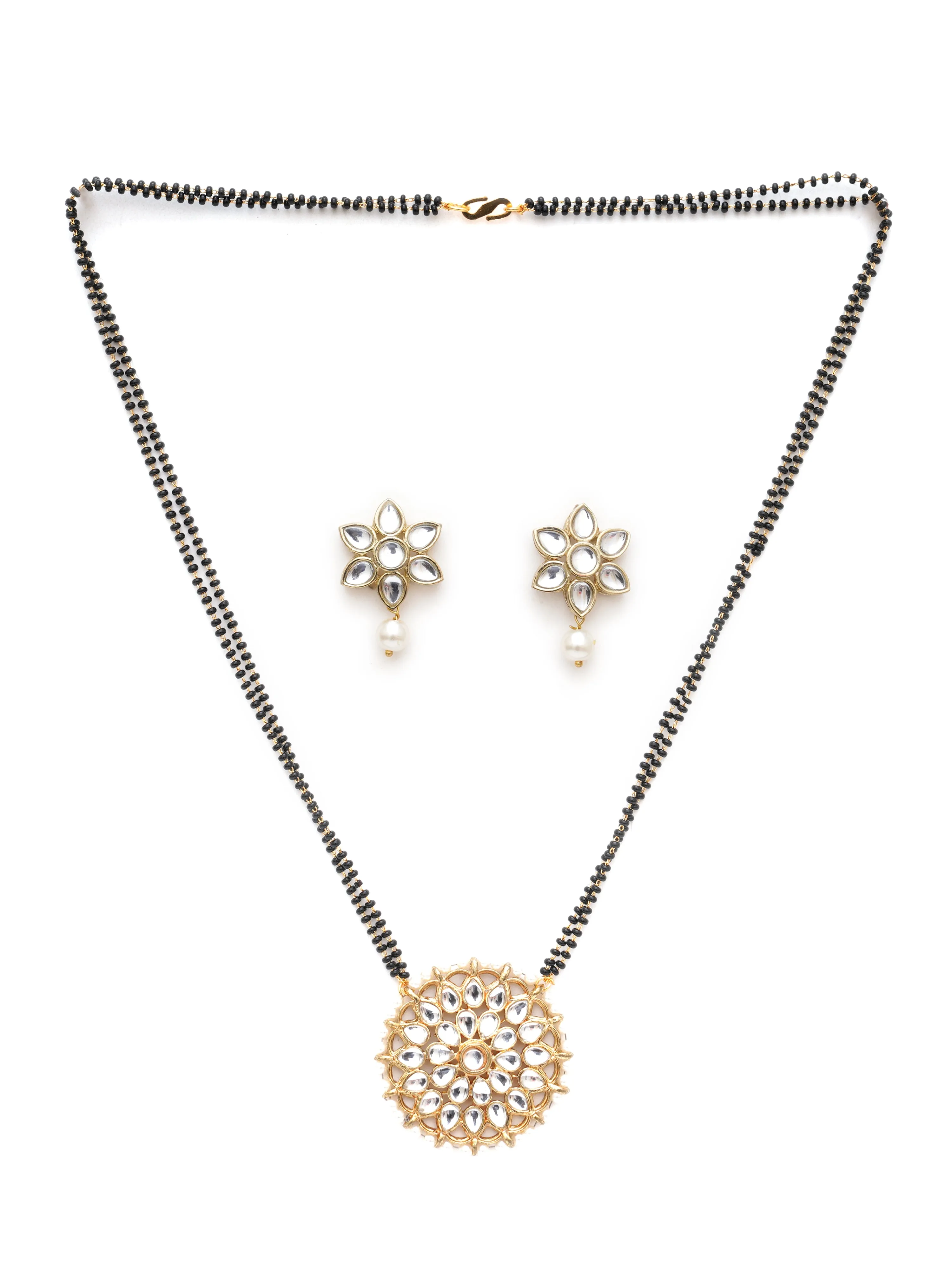 Karatcart Gold Plated Pearl Beads Floral Kundan Mangalsutra with Earrings