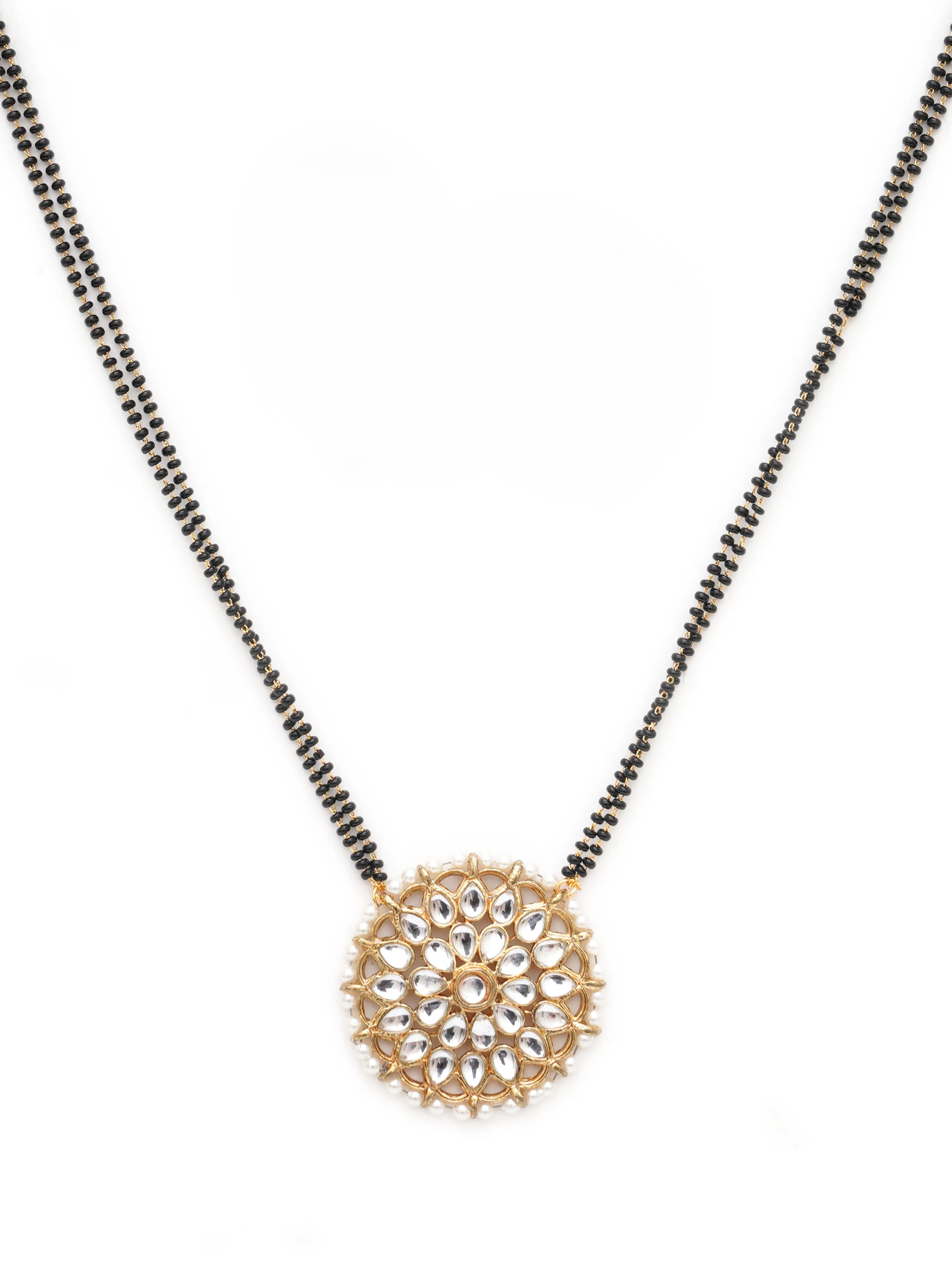 Karatcart Gold Plated Pearl Beads Floral Kundan Mangalsutra with Earrings
