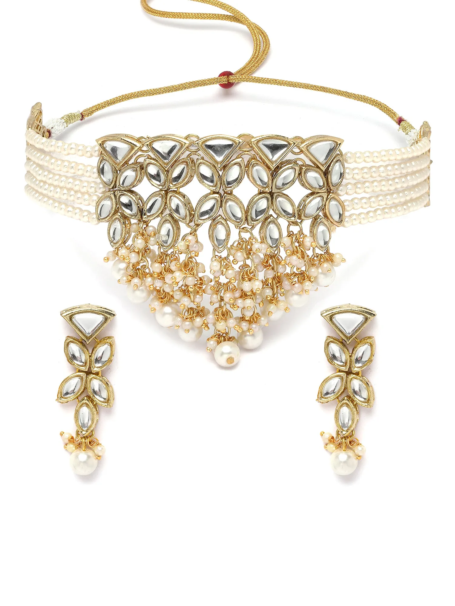 Karatcart Gold Plated Pearl Studded Kundan Choker Necklace Set for Women