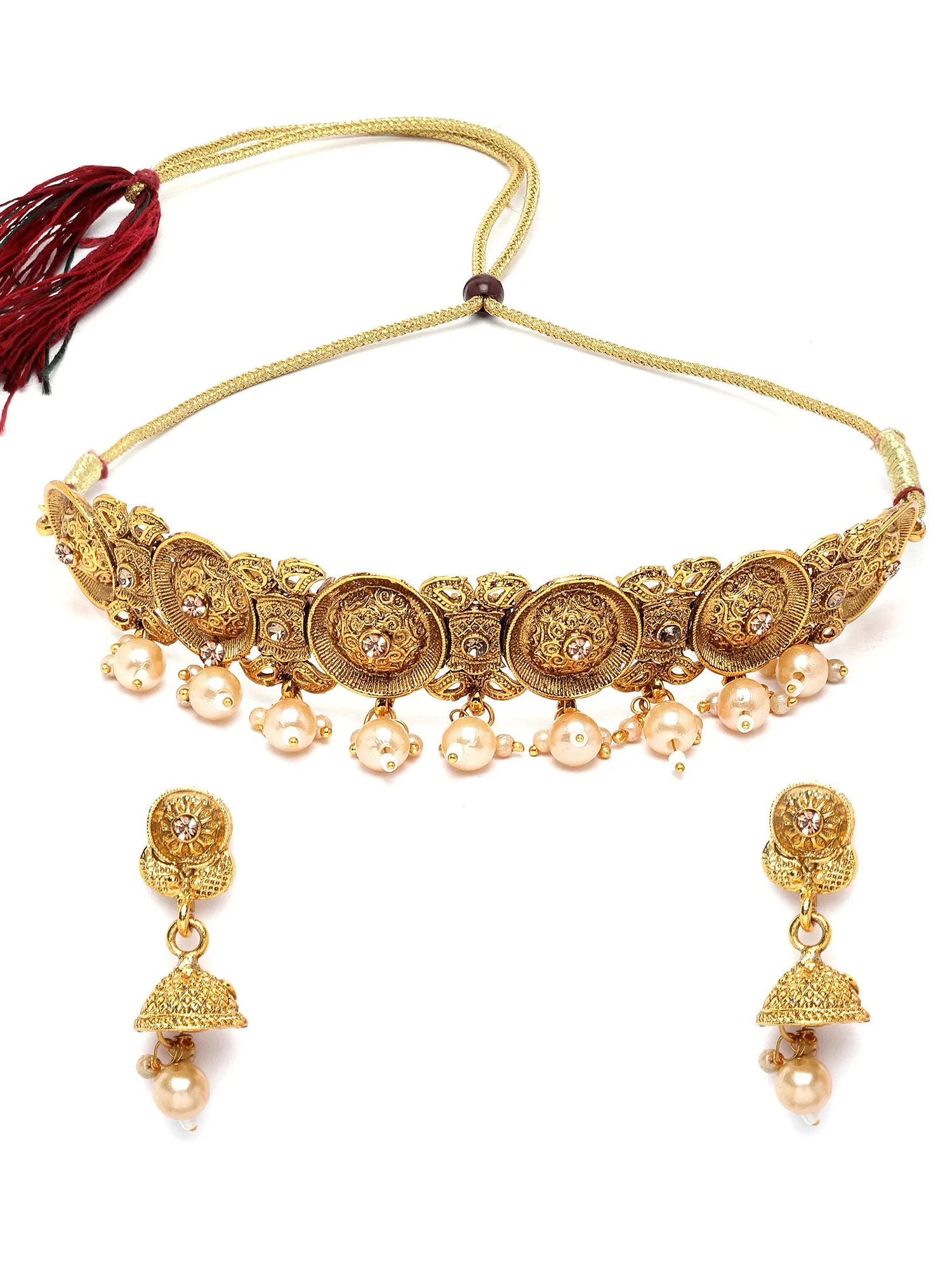 Karatcart Gold Plated Pearl Studded South Indian Jewellery Set for Women