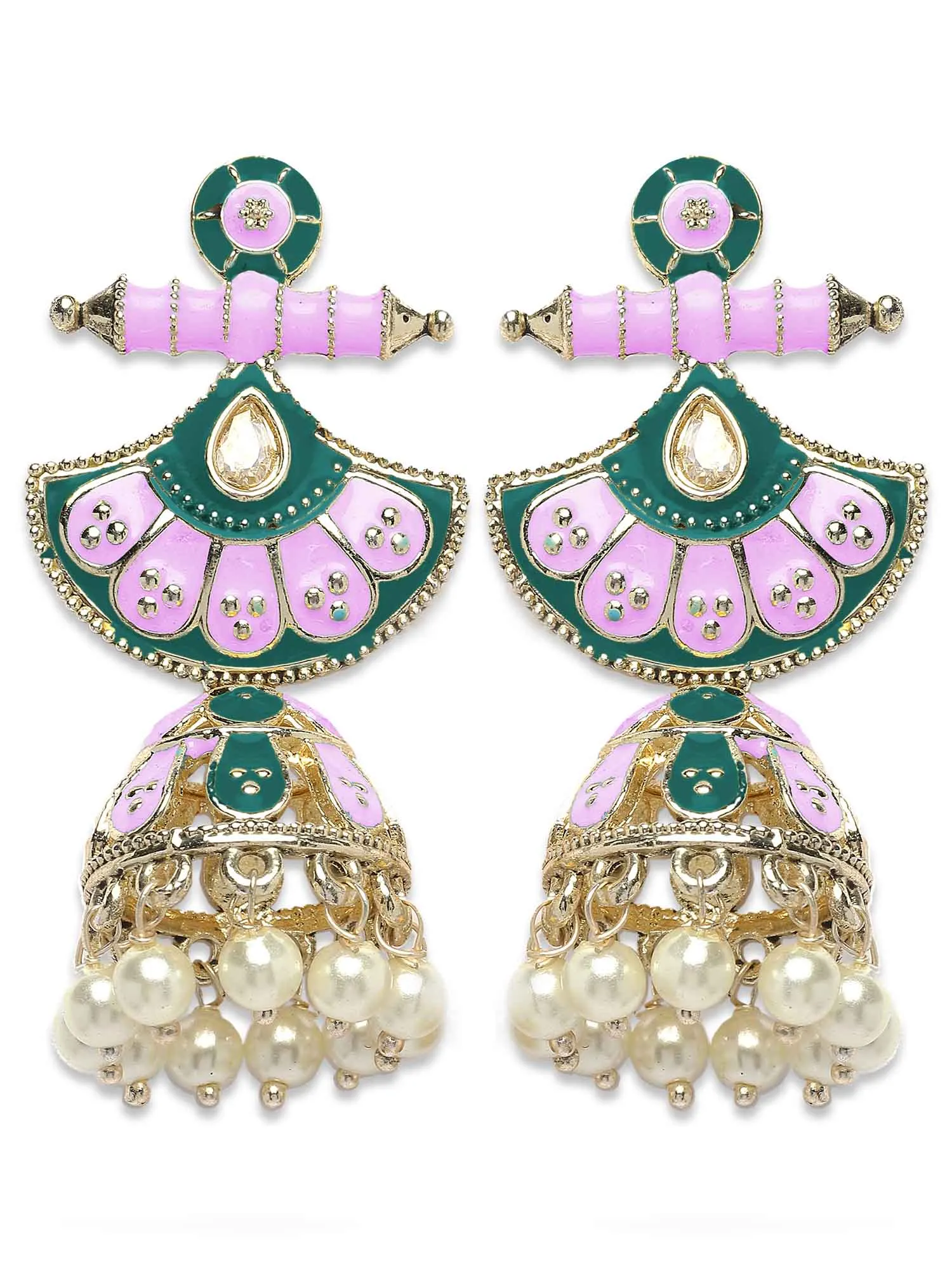 Karatcart Gold Plated Pink and Blue Meena Jhumki Earrings for Women