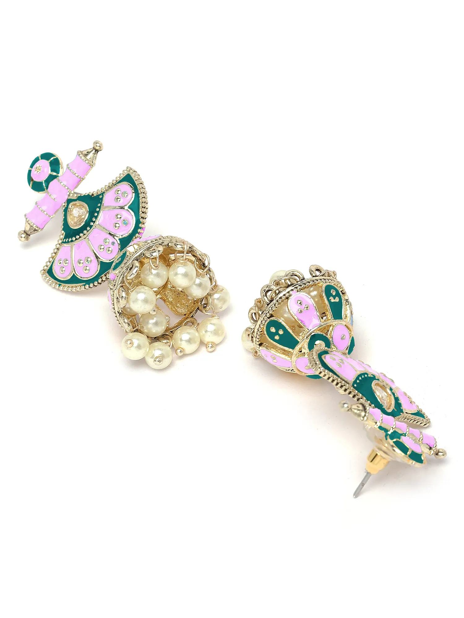 Karatcart Gold Plated Pink and Blue Meena Jhumki Earrings for Women