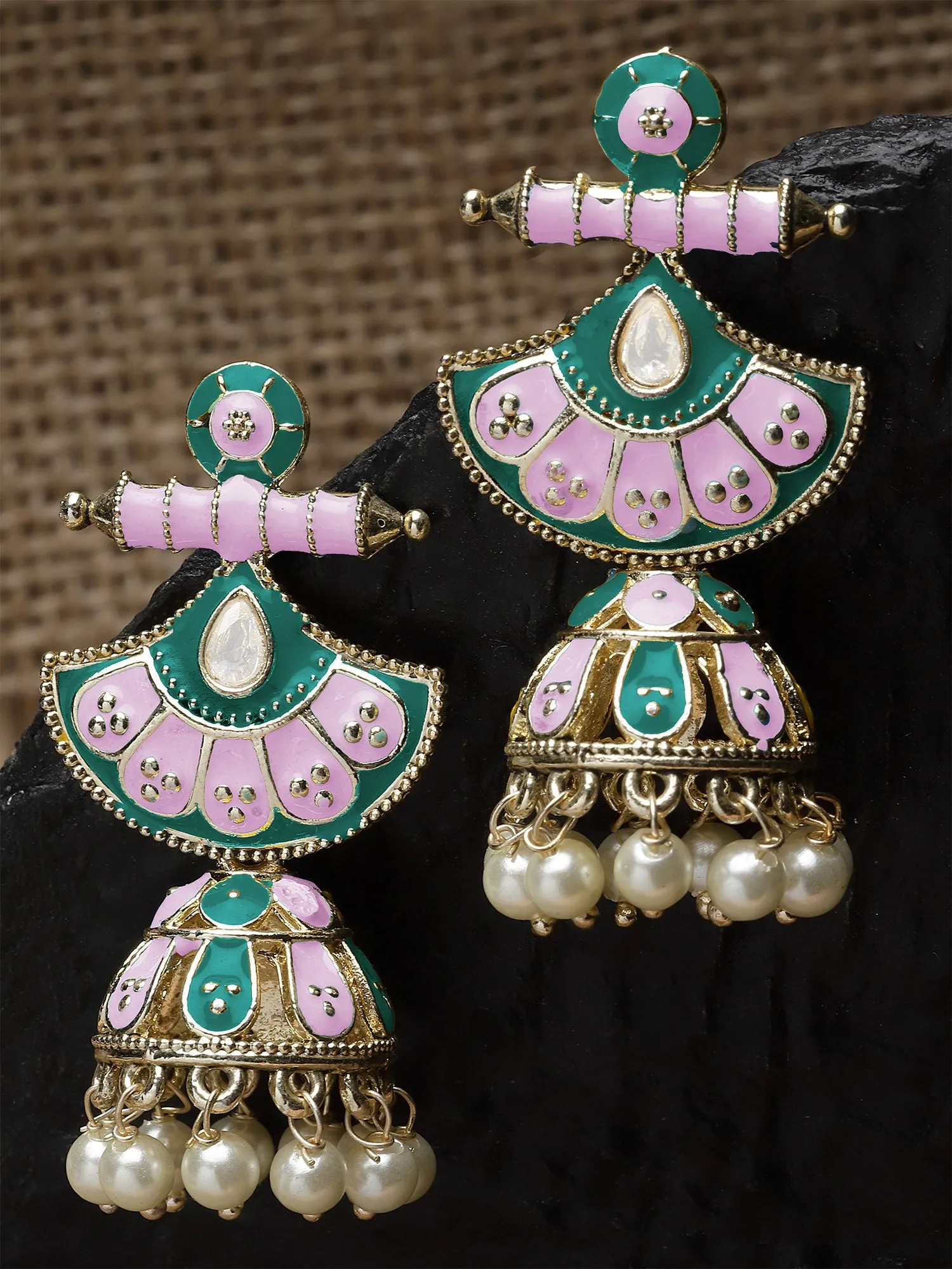 Karatcart Gold Plated Pink and Blue Meena Jhumki Earrings for Women