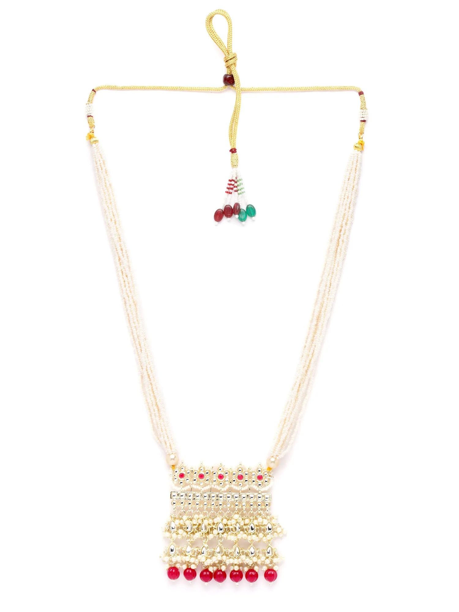 Karatcart Gold Plated Red Beads and Pearl Studded Kundan Long Rani Haar Necklace Set