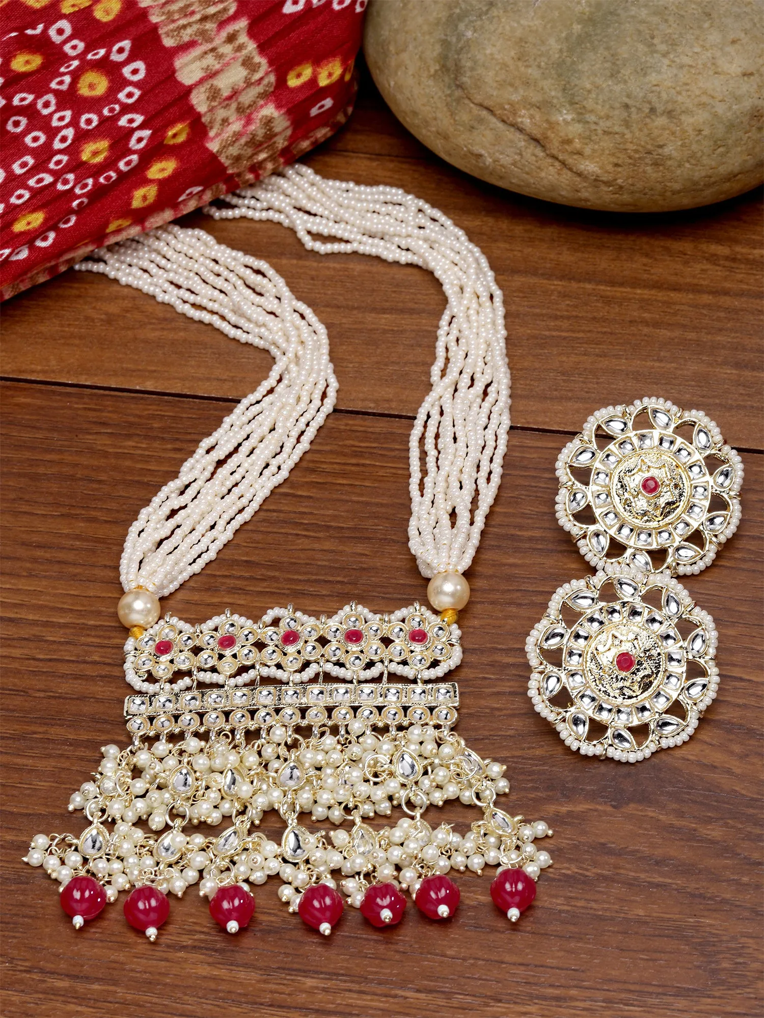 Karatcart Gold Plated Red Beads and Pearl Studded Kundan Long Rani Haar Necklace Set