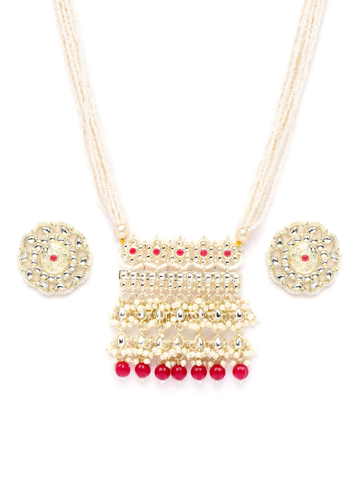 Karatcart Gold Plated Red Beads and Pearl Studded Kundan Long Rani Haar Necklace Set