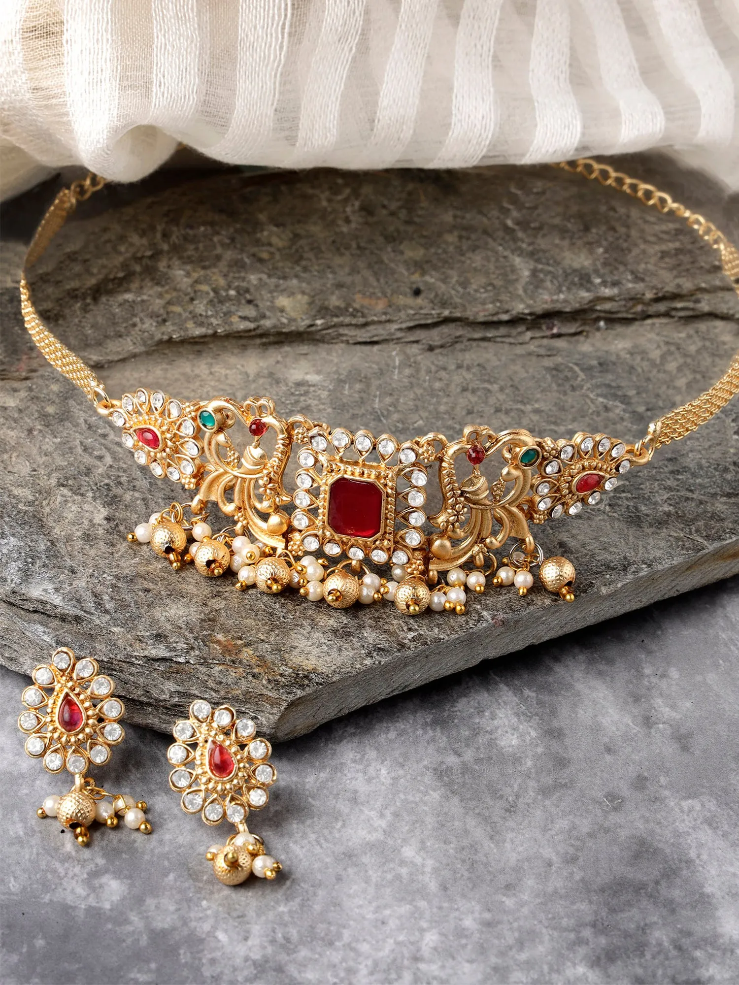 Karatcart Gold-Plated Red Stone Studded Temple Jewellery Set
