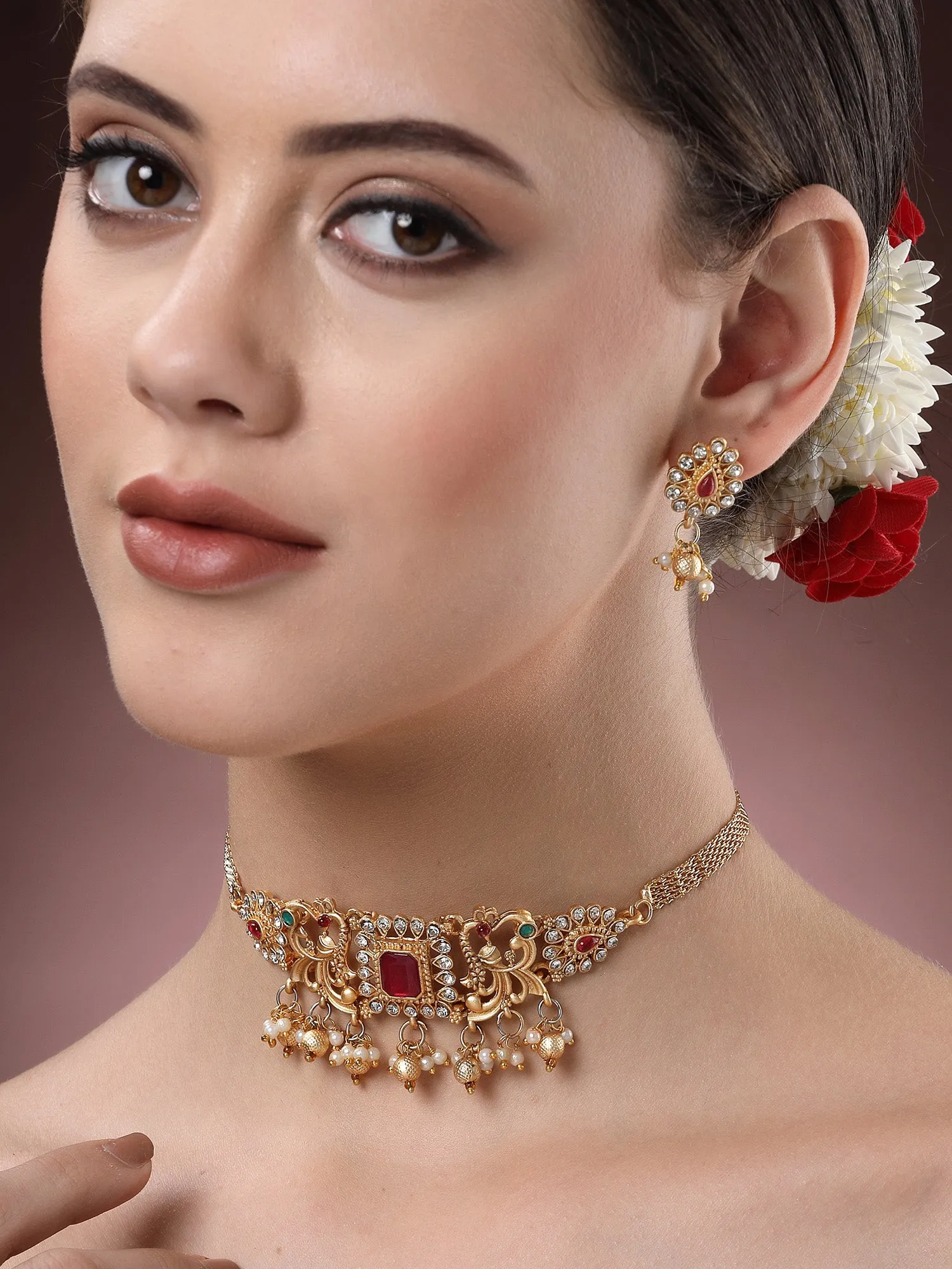 Karatcart Gold-Plated Red Stone Studded Temple Jewellery Set