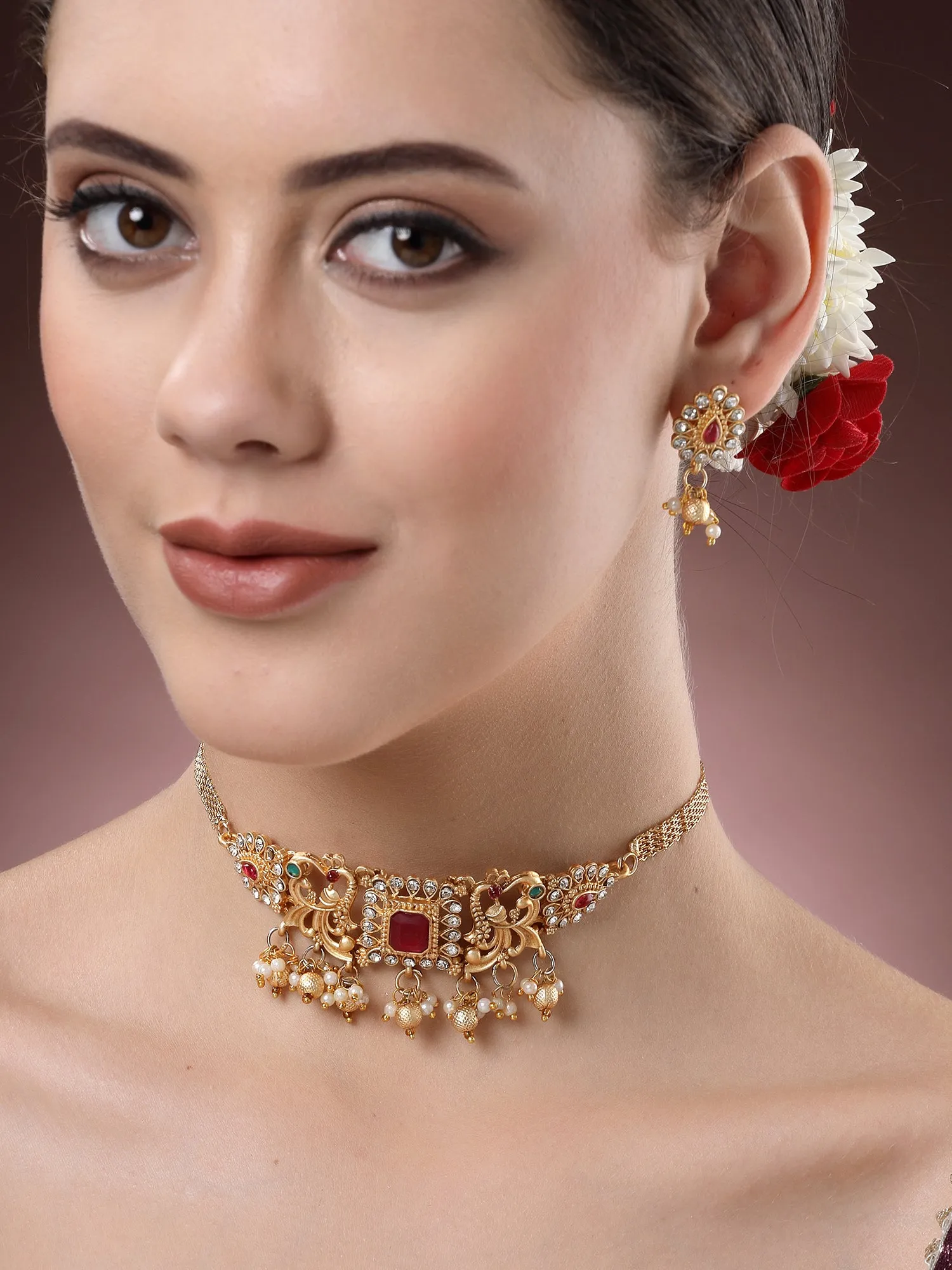 Karatcart Gold-Plated Red Stone Studded Temple Jewellery Set