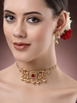 Karatcart Gold-Plated Red Stone Studded Temple Jewellery Set