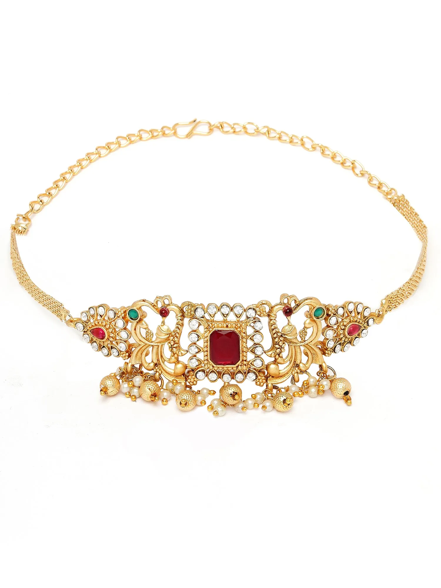 Karatcart Gold-Plated Red Stone Studded Temple Jewellery Set