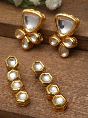 Karatcart Gold Plated Set of 2 Floral Polki Kundan Earrings for Women