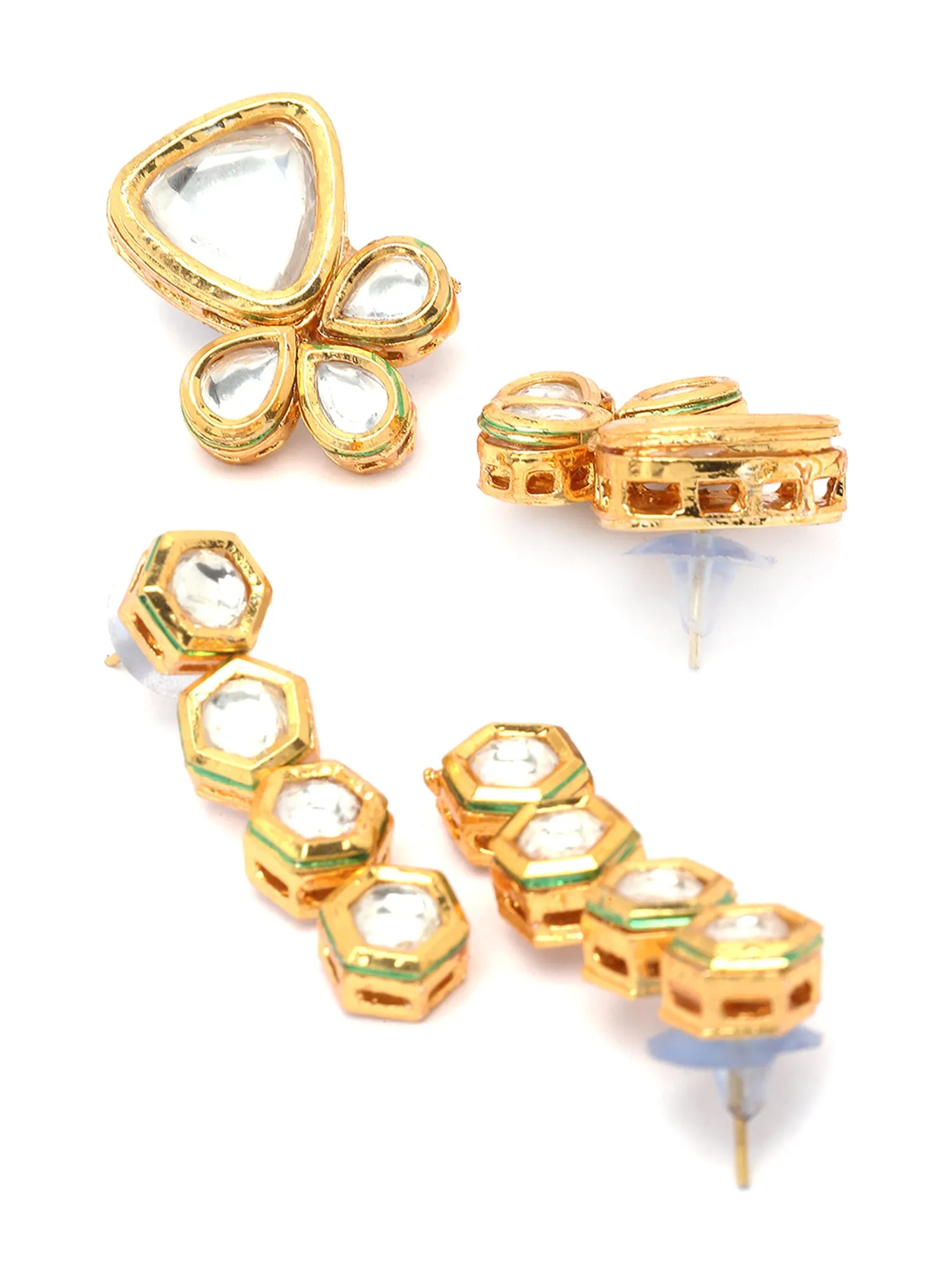 Karatcart Gold Plated Set of 2 Floral Polki Kundan Earrings for Women