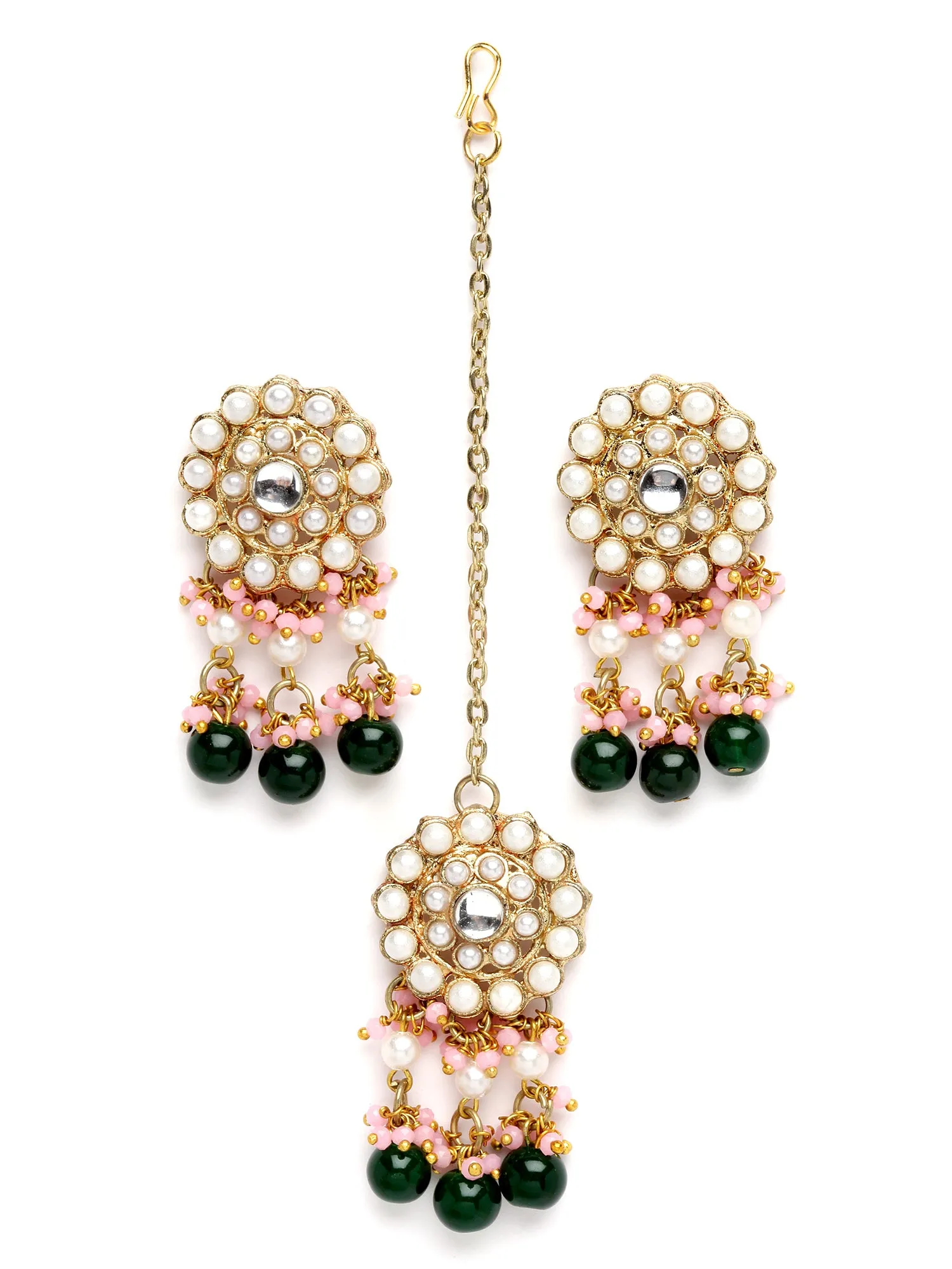Karatcart Gold Plated White Pearl and Green Beaded Kundan Choker Necklace Set for Women