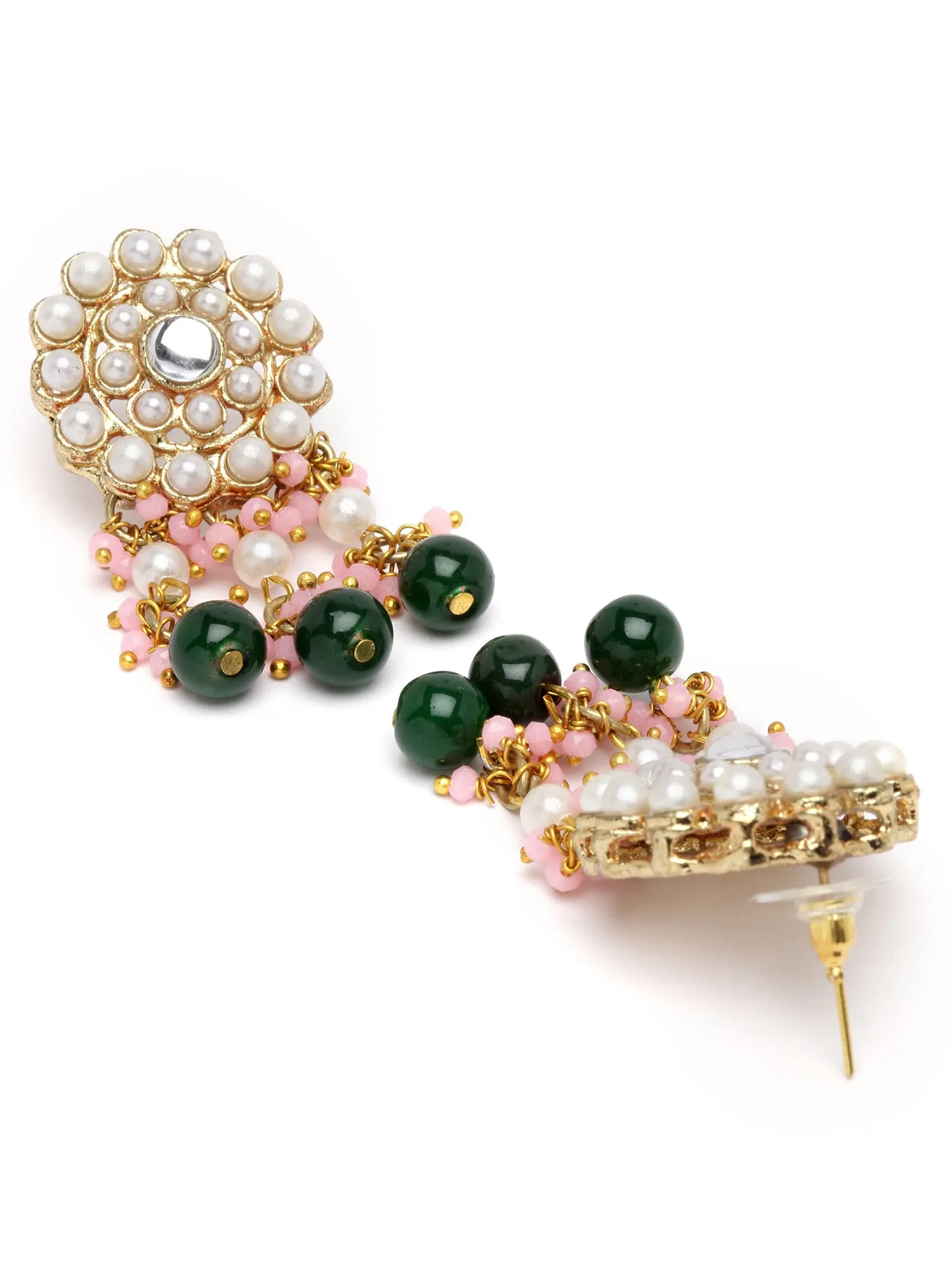 Karatcart Gold Plated White Pearl and Green Beaded Kundan Choker Necklace Set for Women