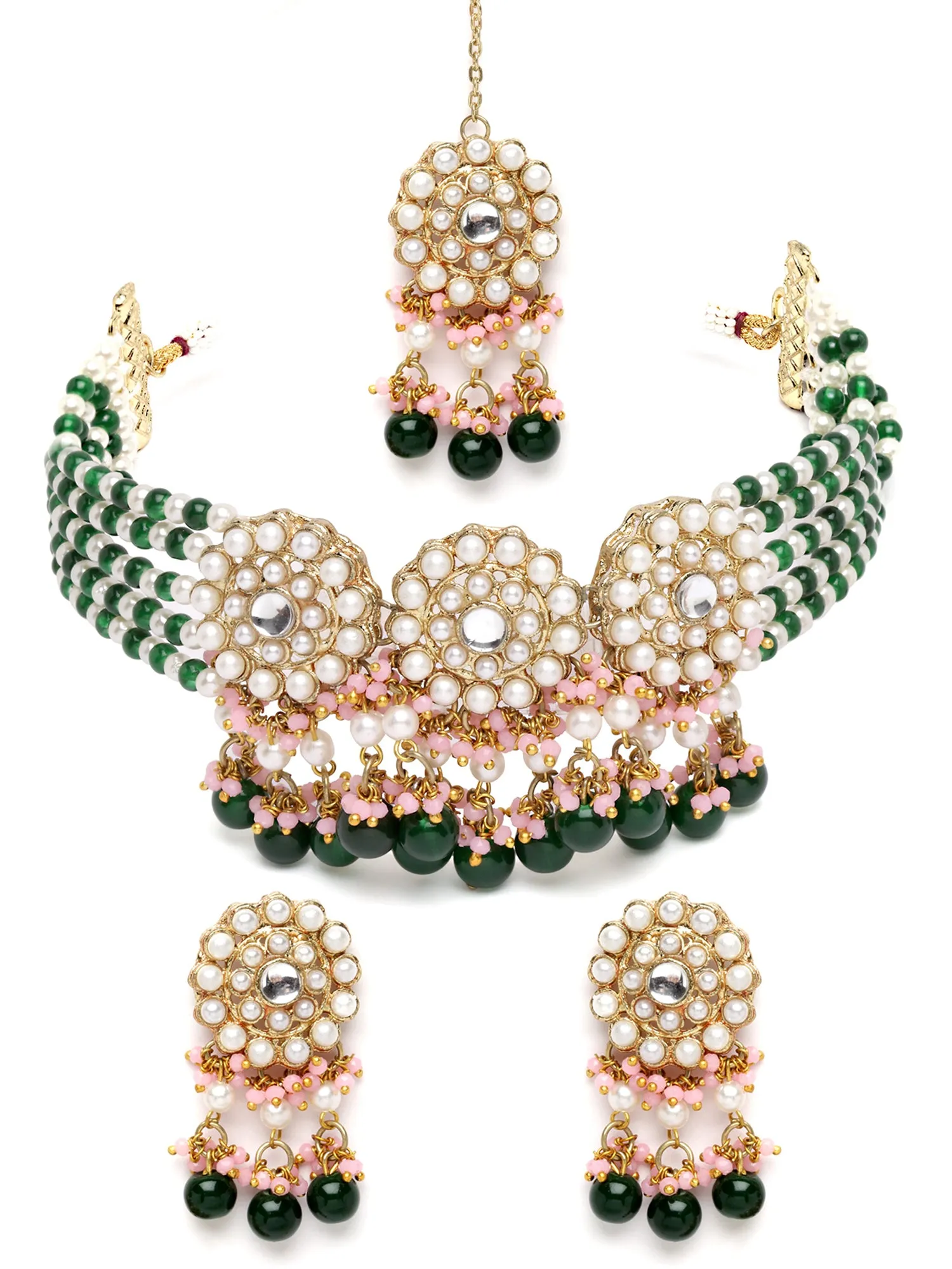 Karatcart Gold Plated White Pearl and Green Beaded Kundan Choker Necklace Set for Women