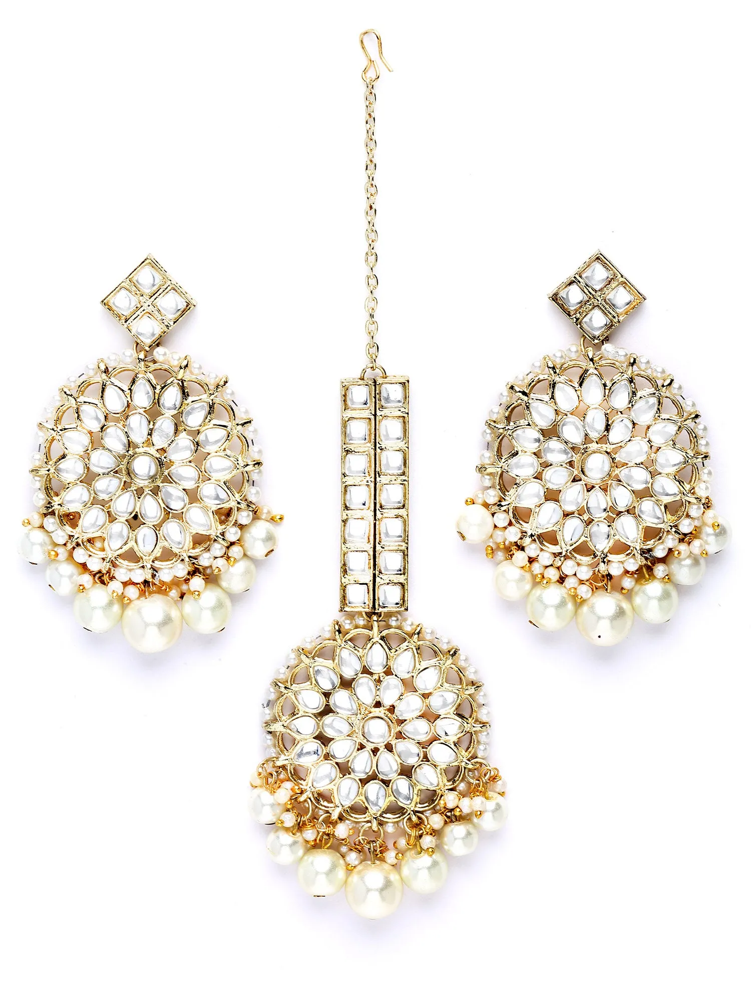 Karatcart Gold Plated White Pearl Beaded Kundan Earrings and Maangtikka Combo Set for Women