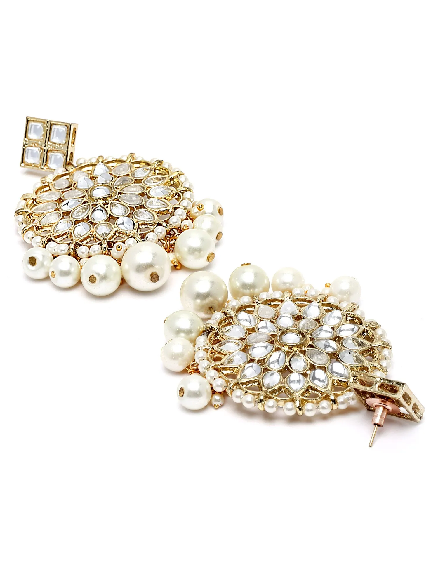 Karatcart Gold Plated White Pearl Beaded Kundan Earrings and Maangtikka Combo Set for Women