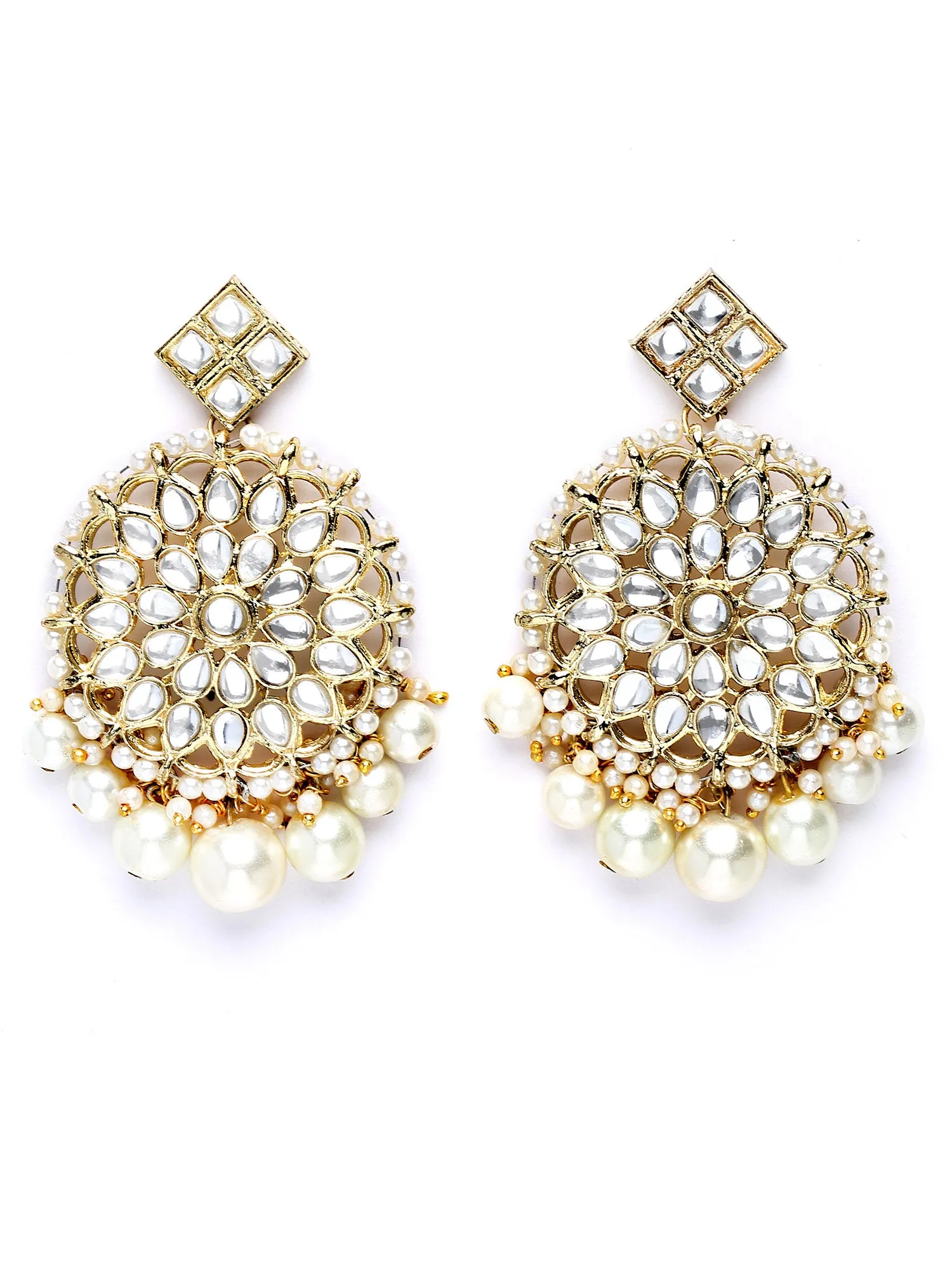 Karatcart Gold Plated White Pearl Beaded Kundan Earrings and Maangtikka Combo Set for Women