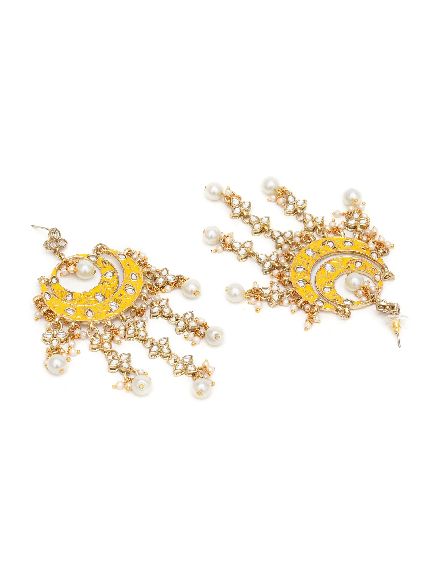 Karatcart Gold Plated Yellow Meena Lotus Shape Kundan Dangler Earrings for Women