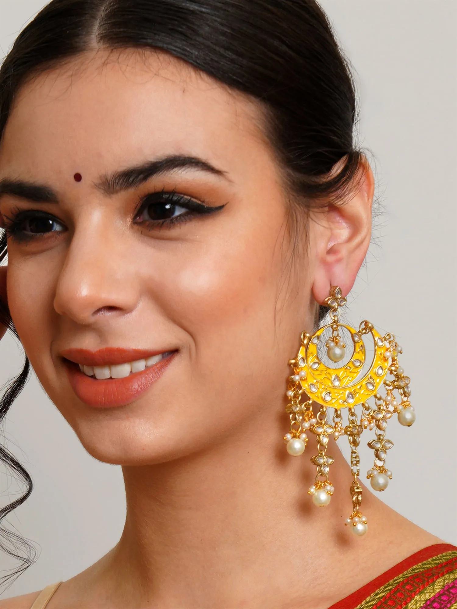 Karatcart Gold Plated Yellow Meena Lotus Shape Kundan Dangler Earrings for Women