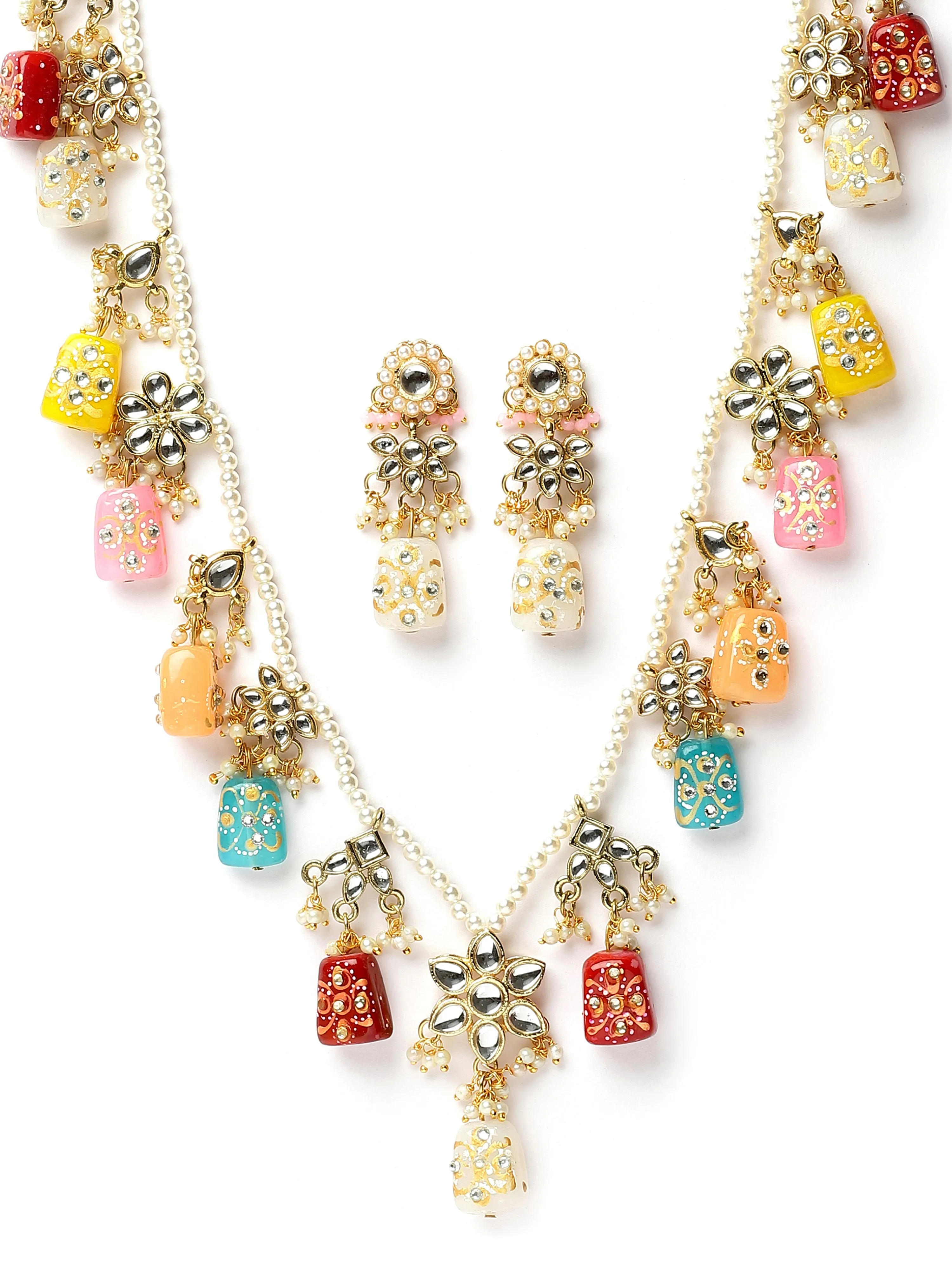 Karatcart Multicolor Tumble Stone Studded Navratan Rani Haar Necklace Set for Women