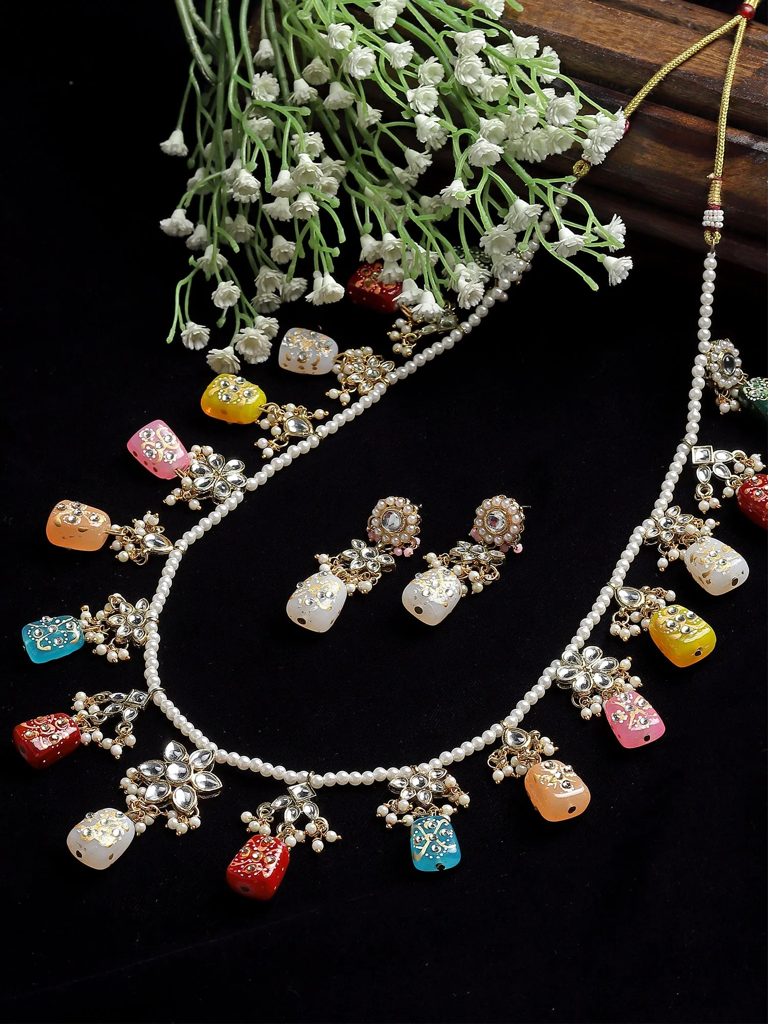 Karatcart Multicolor Tumble Stone Studded Navratan Rani Haar Necklace Set for Women
