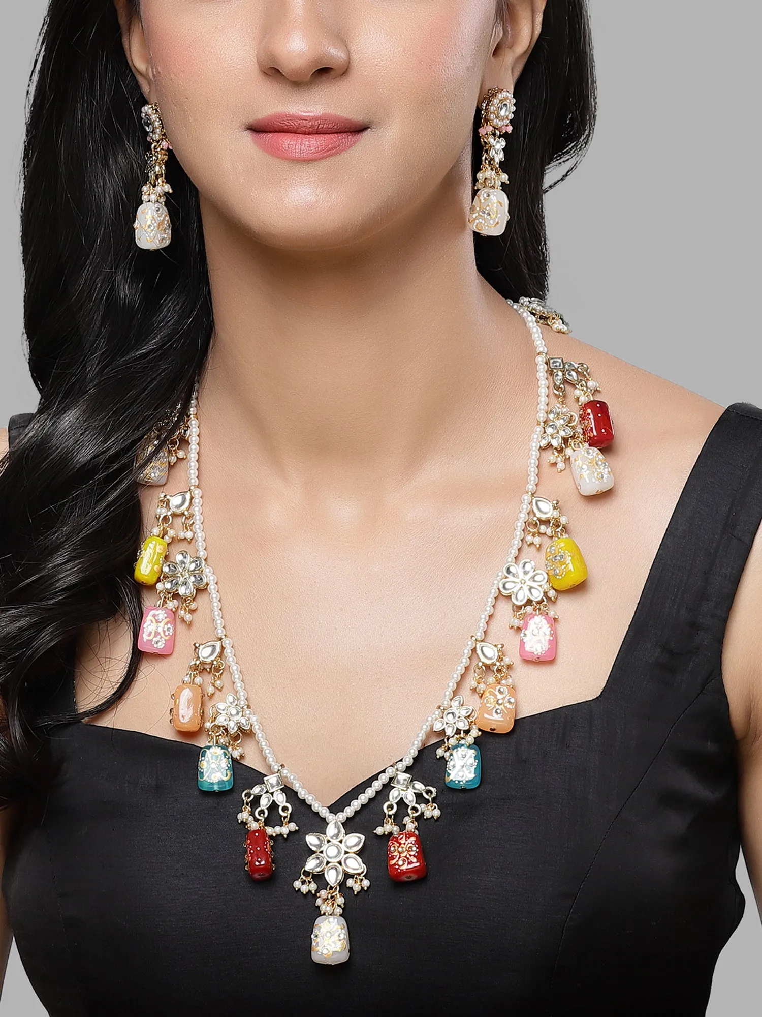 Karatcart Multicolor Tumble Stone Studded Navratan Rani Haar Necklace Set for Women