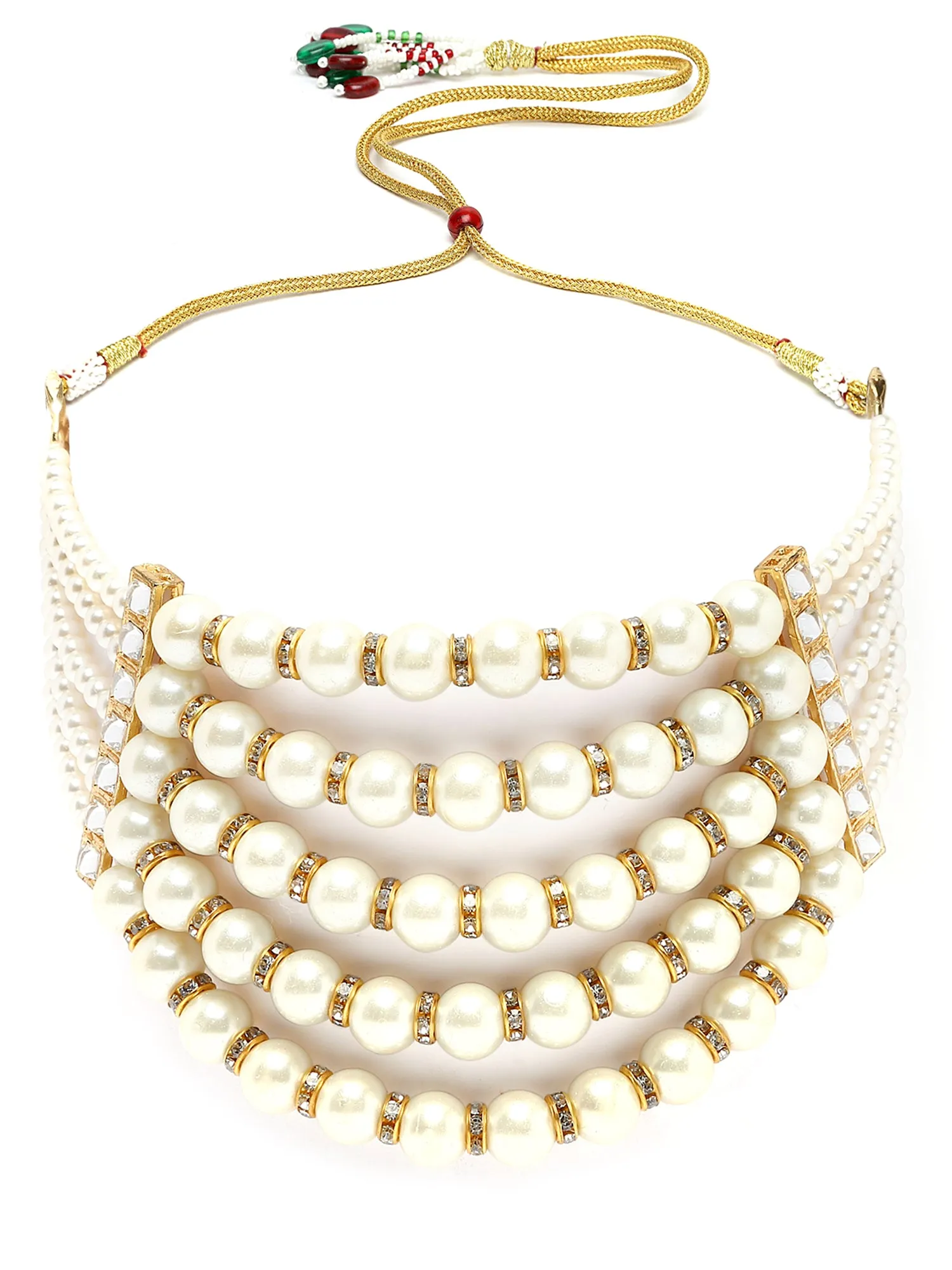 Karatcart Pearl Multilayer Beaded Kundan Choker Necklace Set for Women