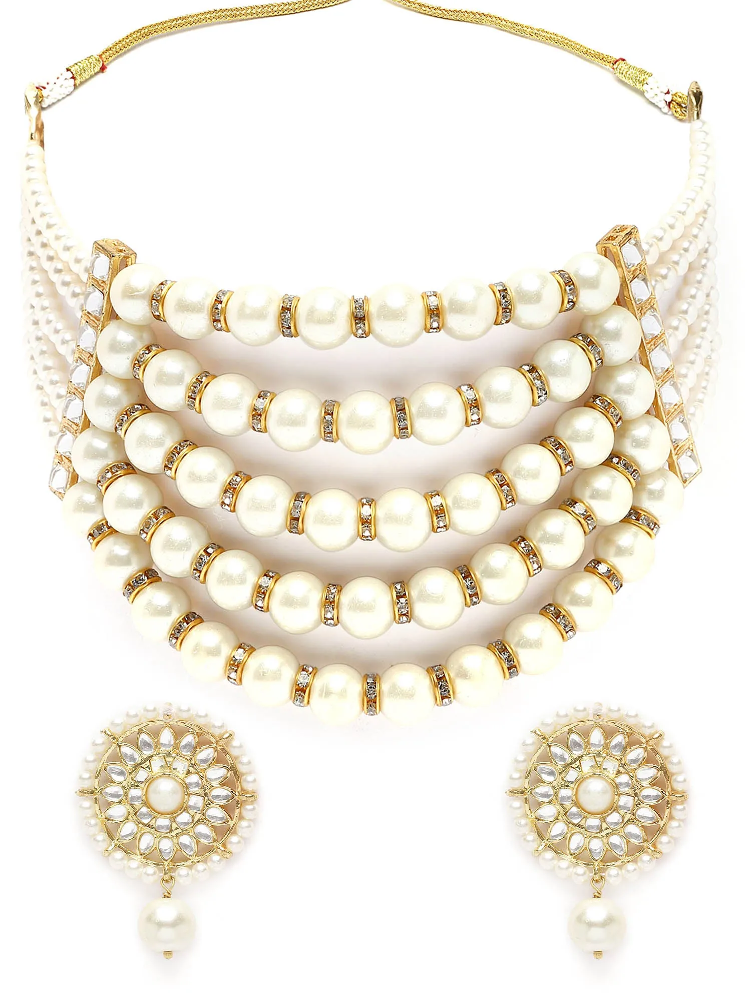 Karatcart Pearl Multilayer Beaded Kundan Choker Necklace Set for Women