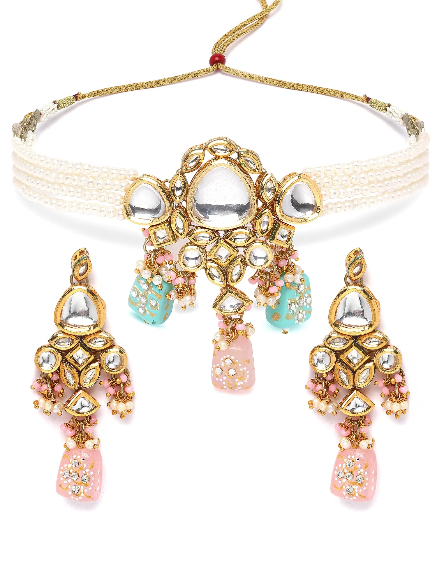 Karatcart Pink and Light Blue Tumble Studded Polki Kundan Choker Necklace Set for Women