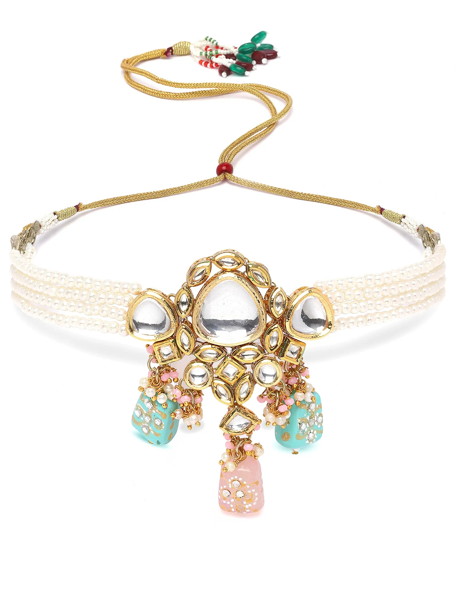 Karatcart Pink and Light Blue Tumble Studded Polki Kundan Choker Necklace Set for Women