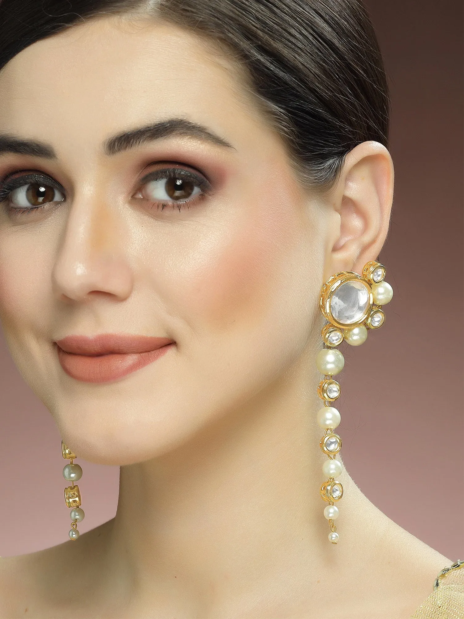 Karatcart Polki Kundan Peal Drop Earrings for Women