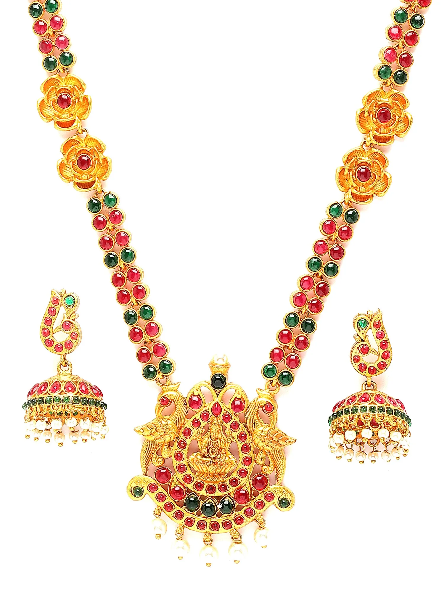 Karatcart Red and Green Stones Laxmi Mata Design Temple Jewellery Set for Women