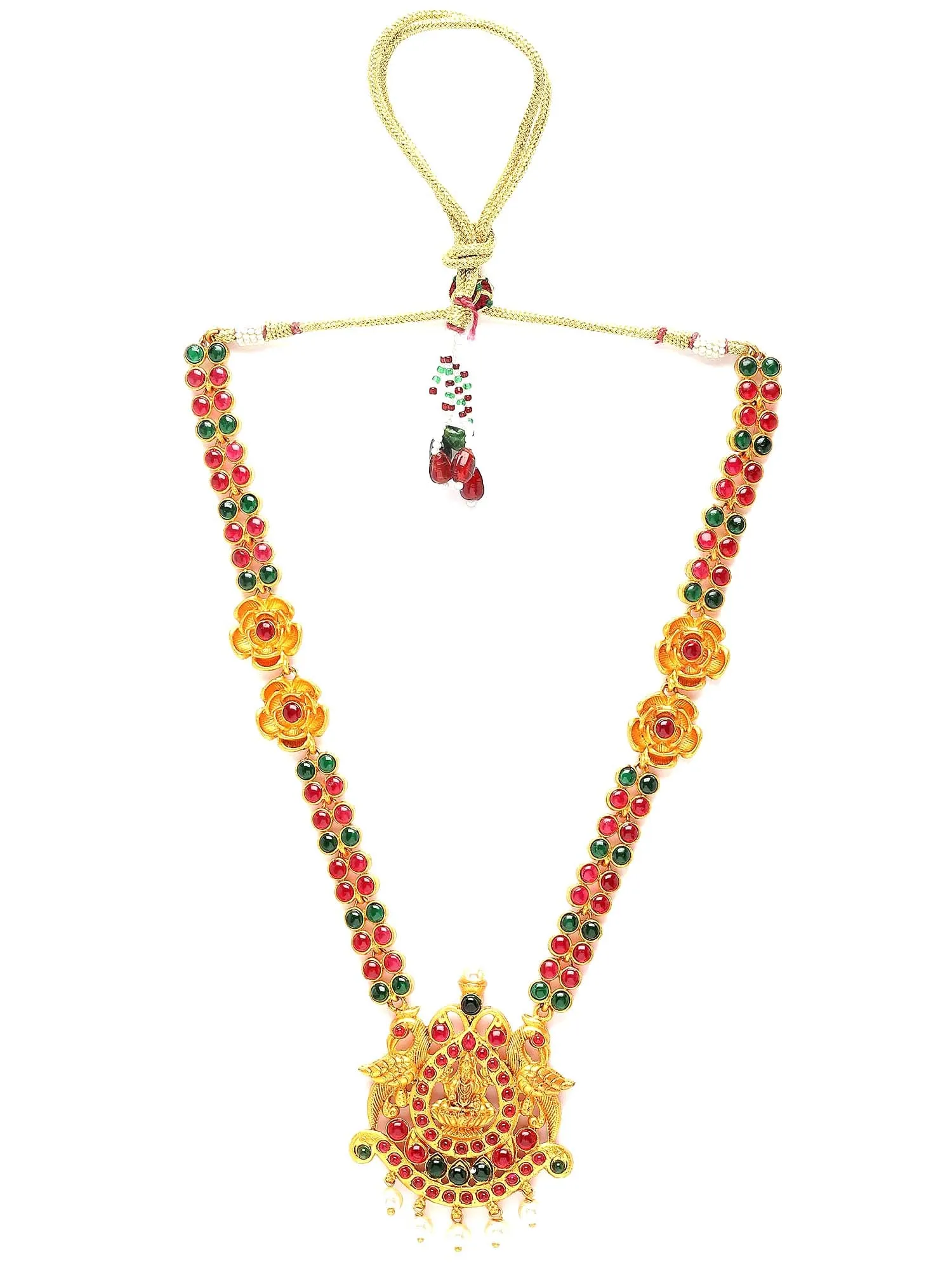 Karatcart Red and Green Stones Laxmi Mata Design Temple Jewellery Set for Women