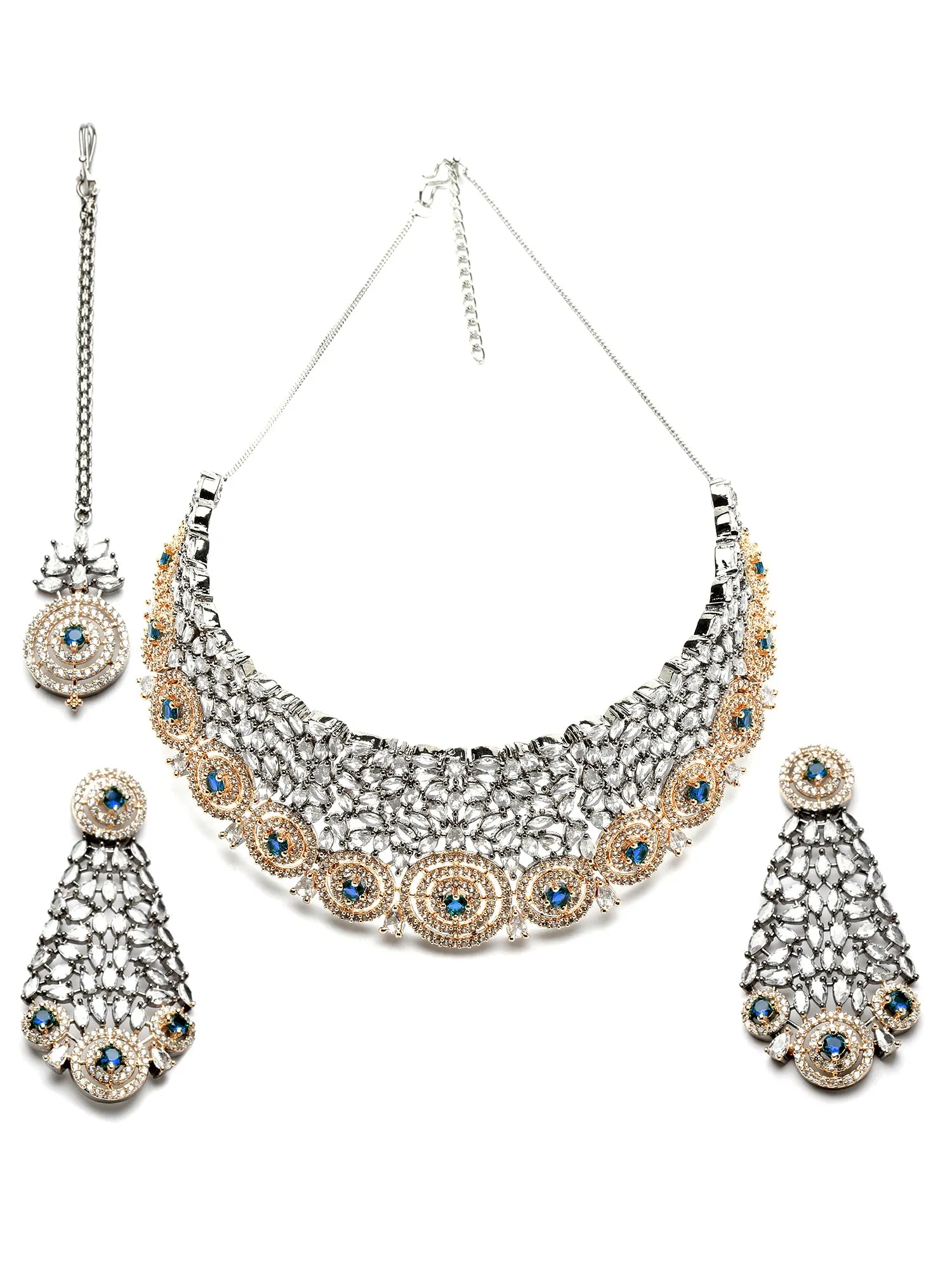 Karatcart Rose Gold Plated Blue Cubic Zirconia Studded Choker Necklace Set for Women