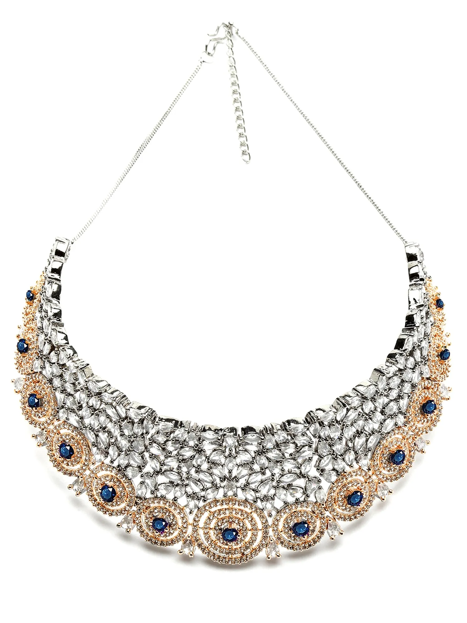Karatcart Rose Gold Plated Blue Cubic Zirconia Studded Choker Necklace Set for Women