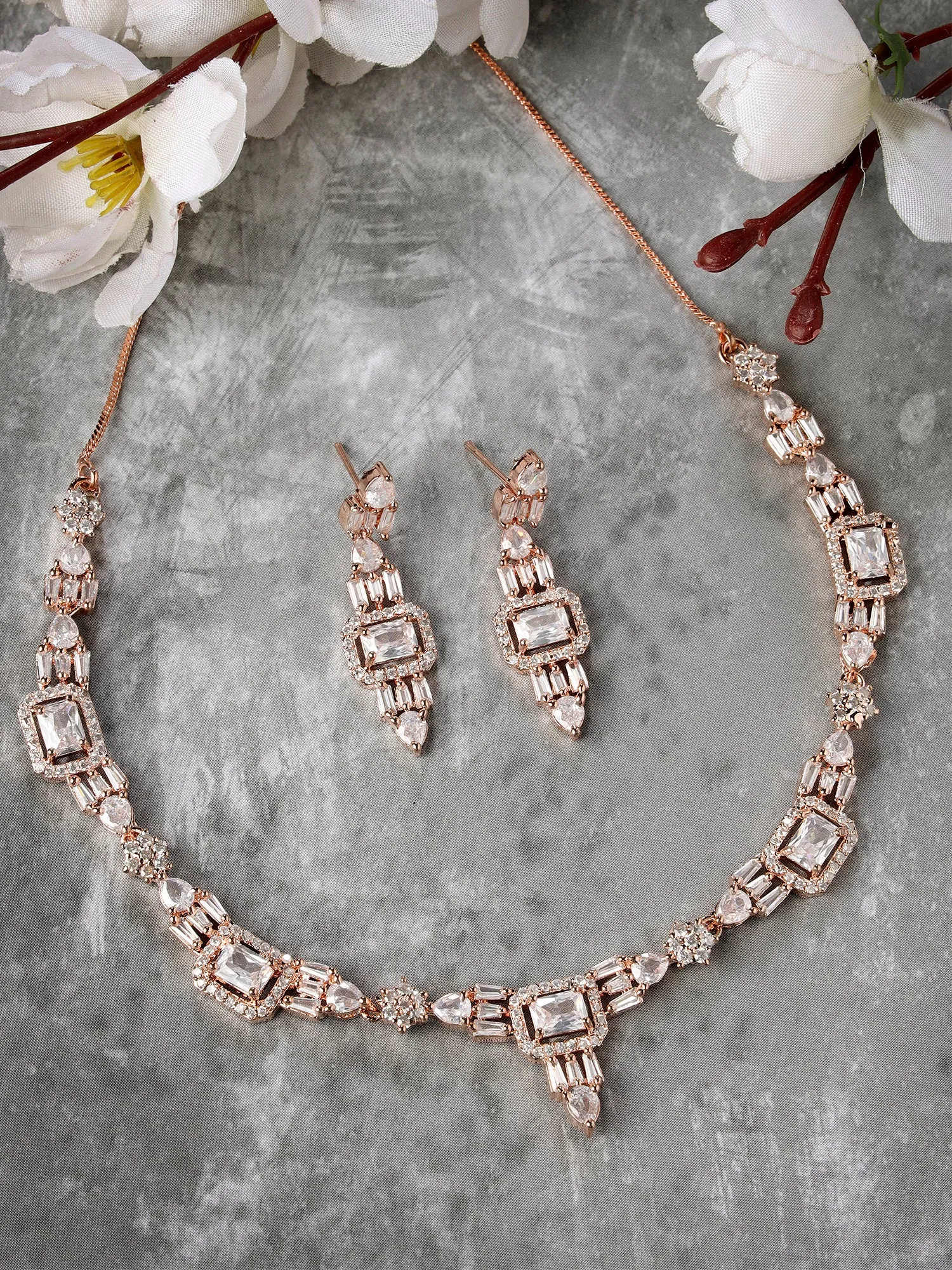 Karatcart Rose Gold Plated Cubic Zirconia Studded Necklace Set for Women